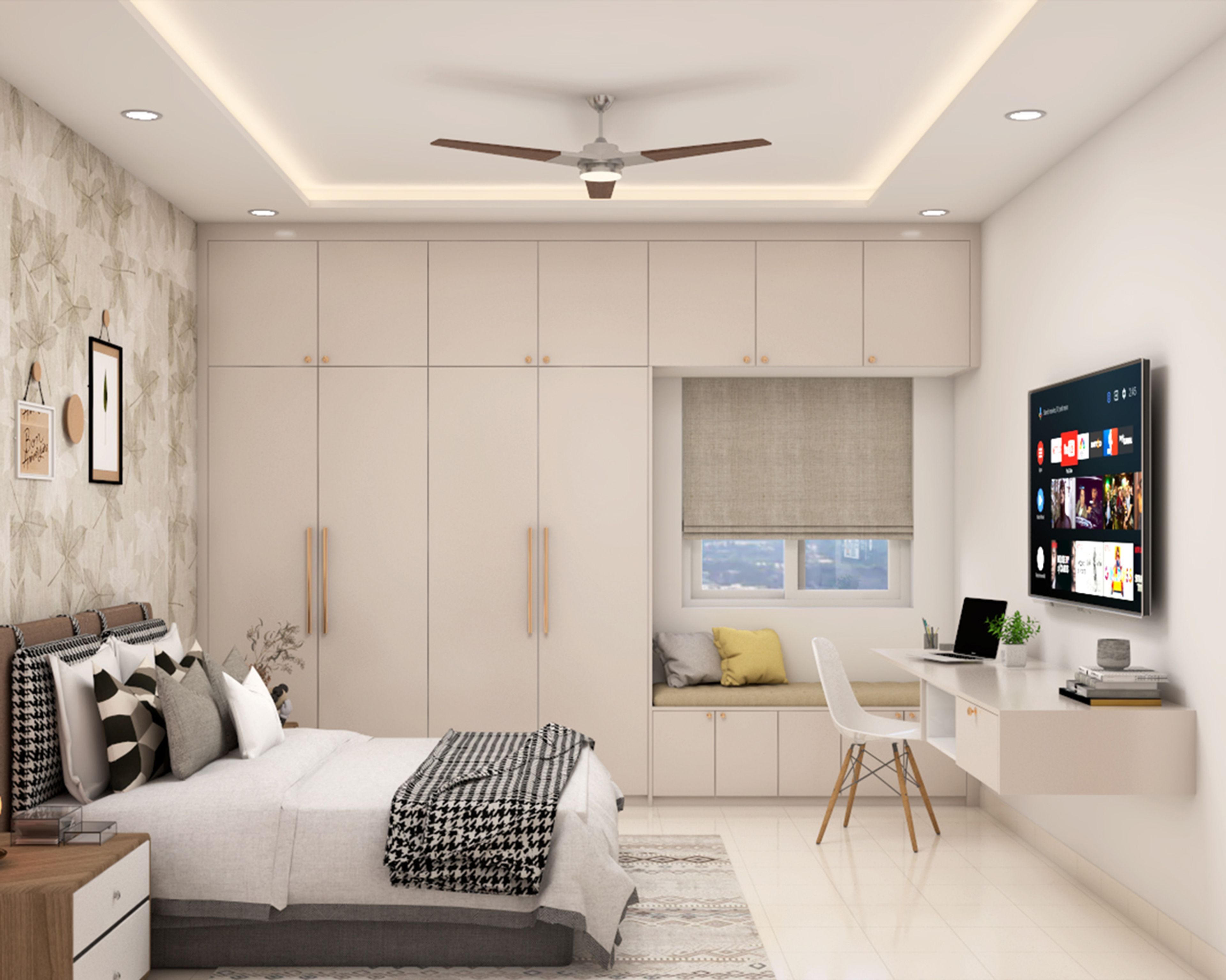 Modern 4-Door Swing Wardrobe Design With Matte Suede Finish and Drawer Storage