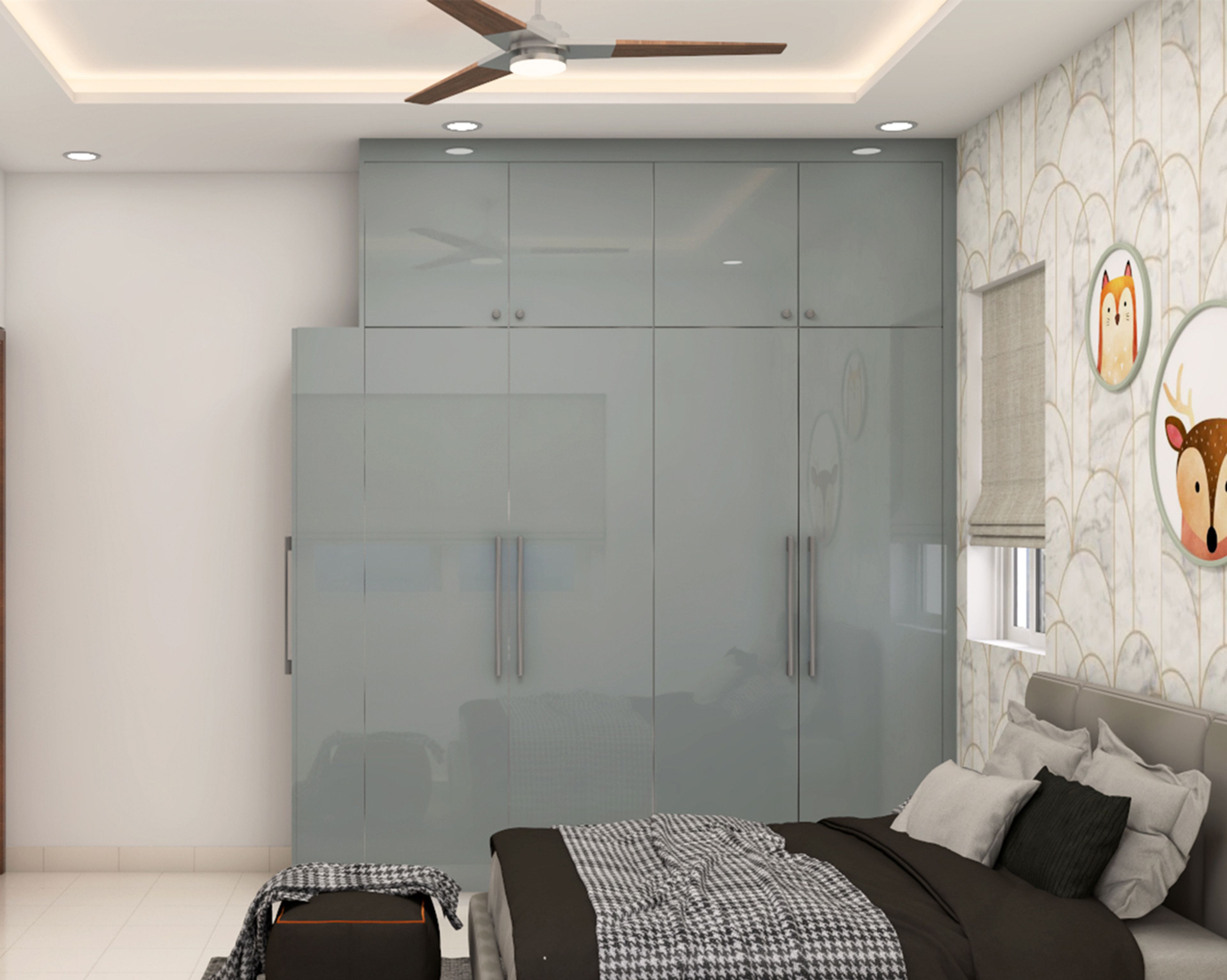 Scandinavian 4-Door Swing Wardrobe Design With Silver Frost High-Gloss Shutters