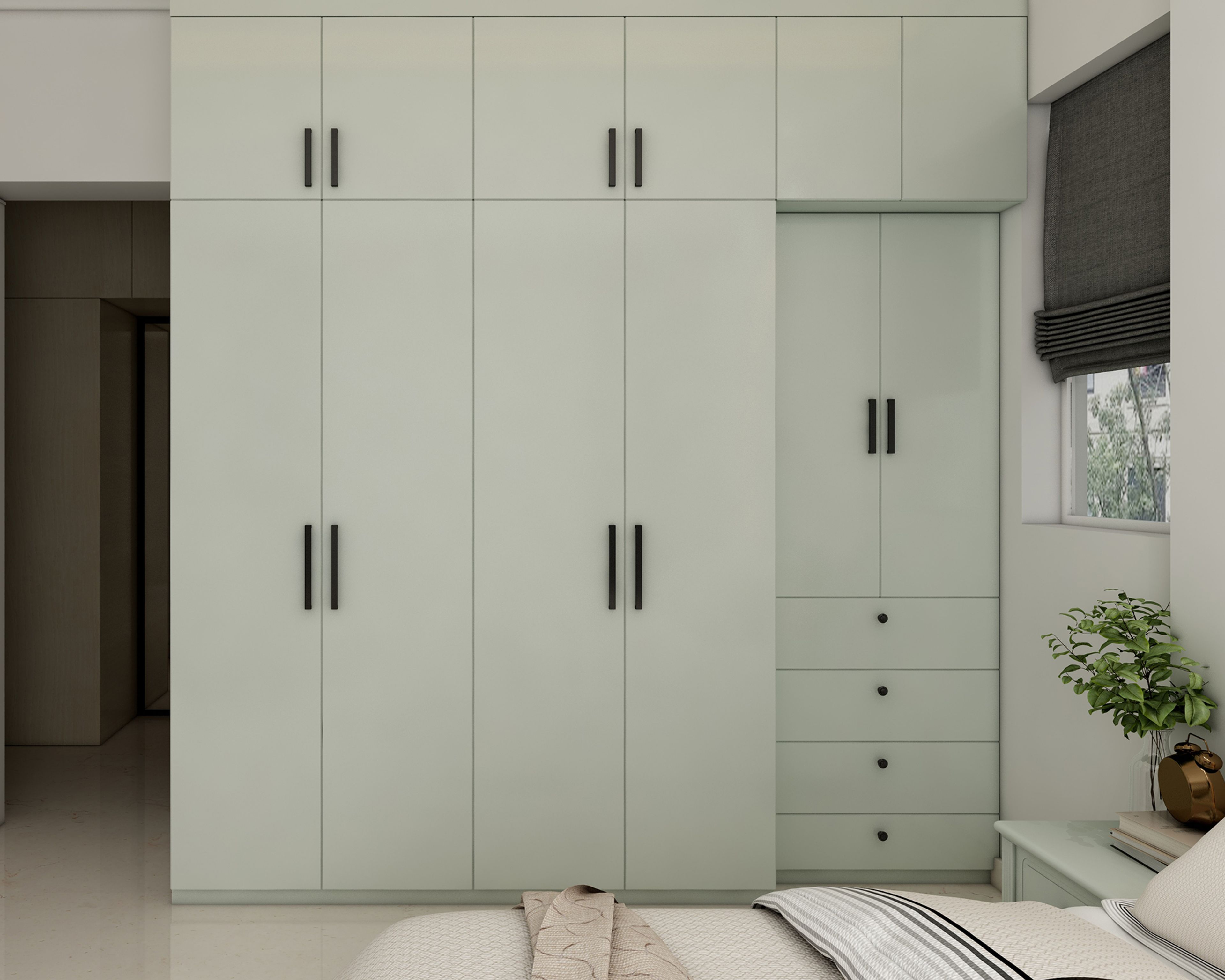 Modern 6-Door Swing Wardrobe Design with Full-Height Storage and Suede Finish