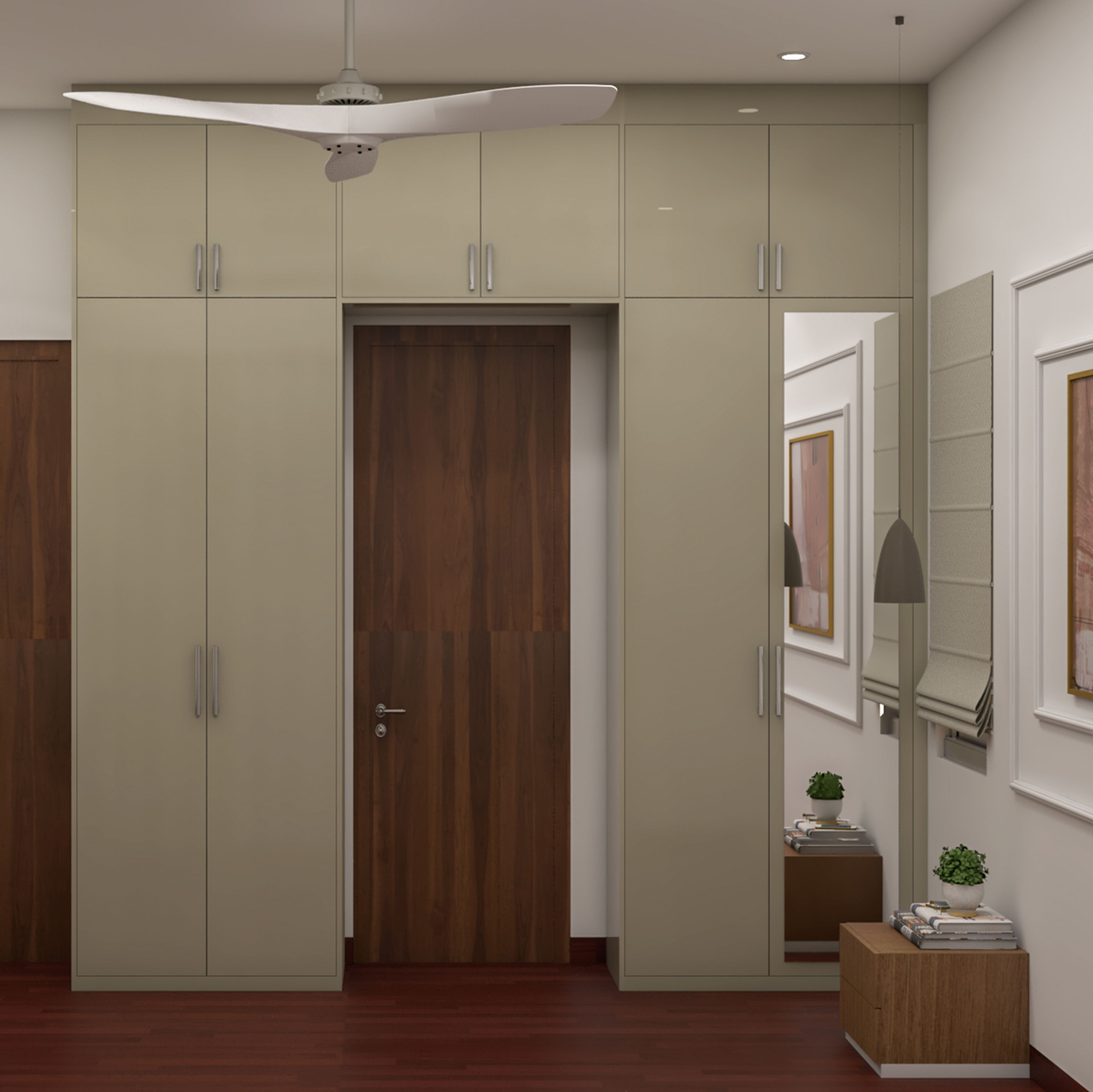 Contemporary 4-Door Cream Wardrobe Design with Integrated Mirror and Tall Storage