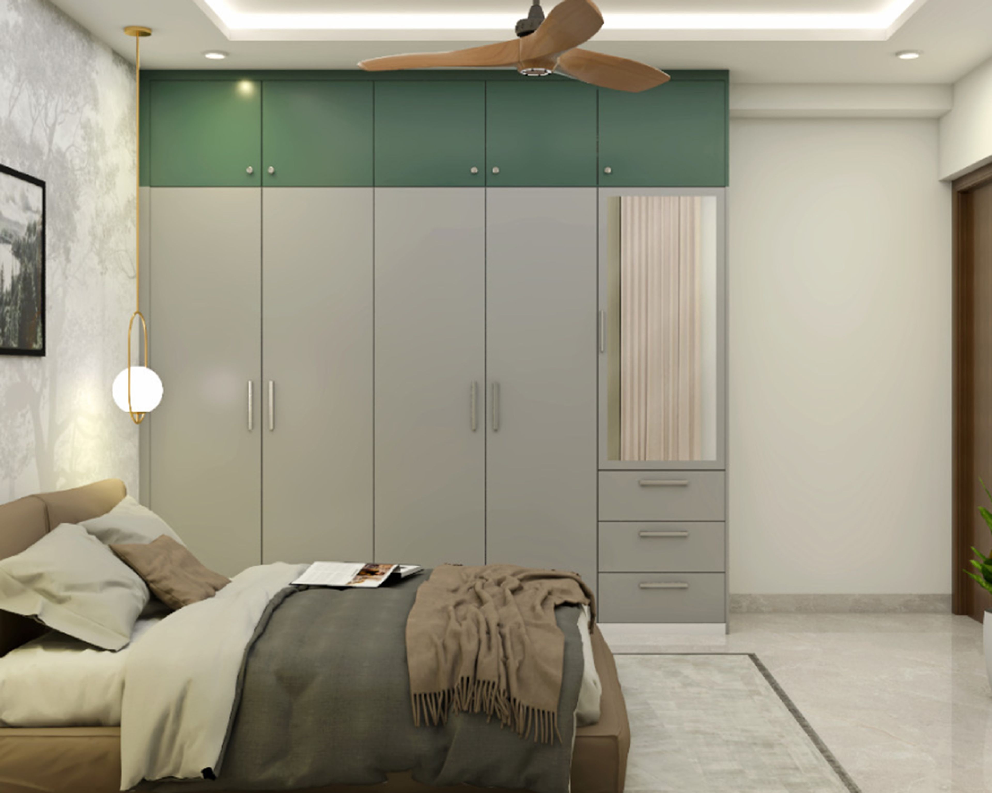 Grey 5-Door Contemporary Swing Wardrobe Design with Integrated Dresser and Loft Storage