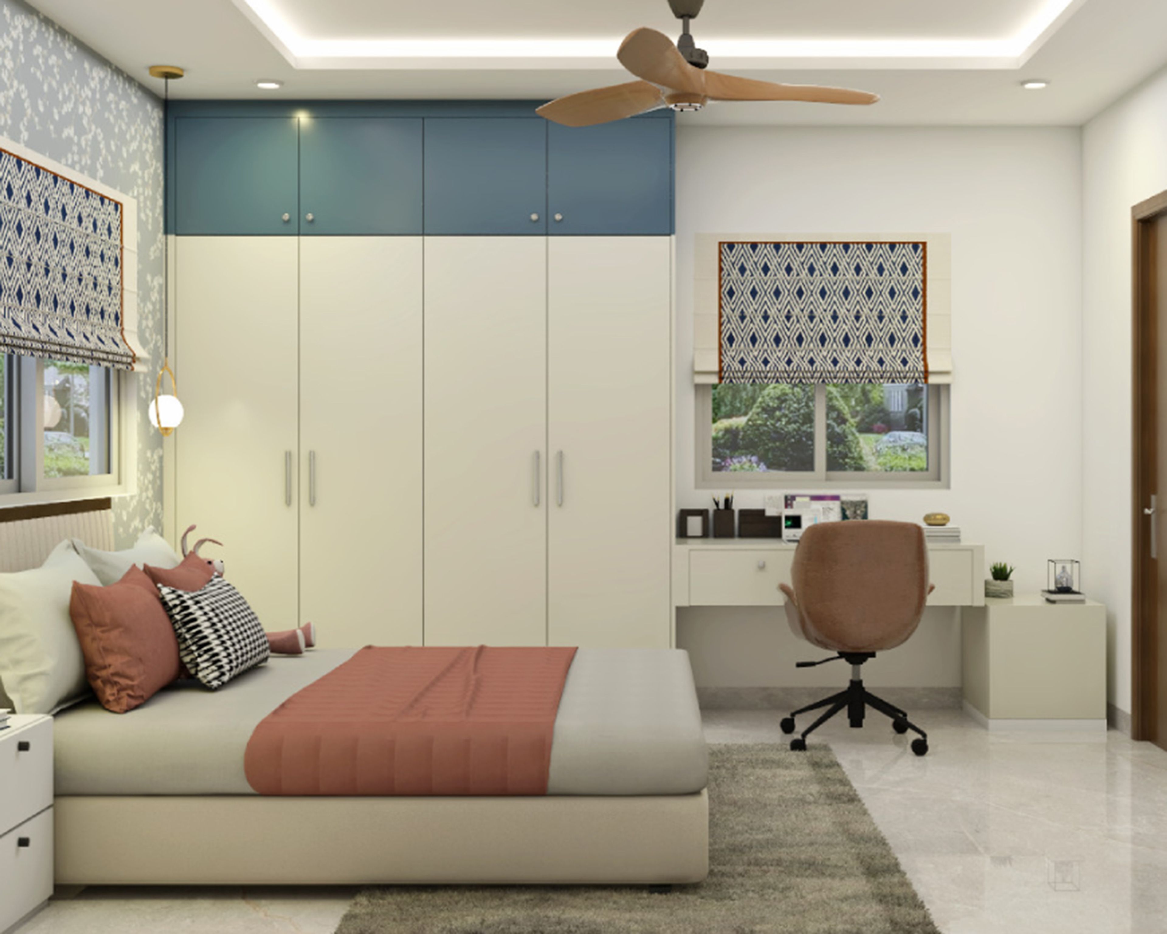 Swing 4-Door Contemporary Wardrobe Design with Two-Tone Suede Shutters and Tall Cabinets