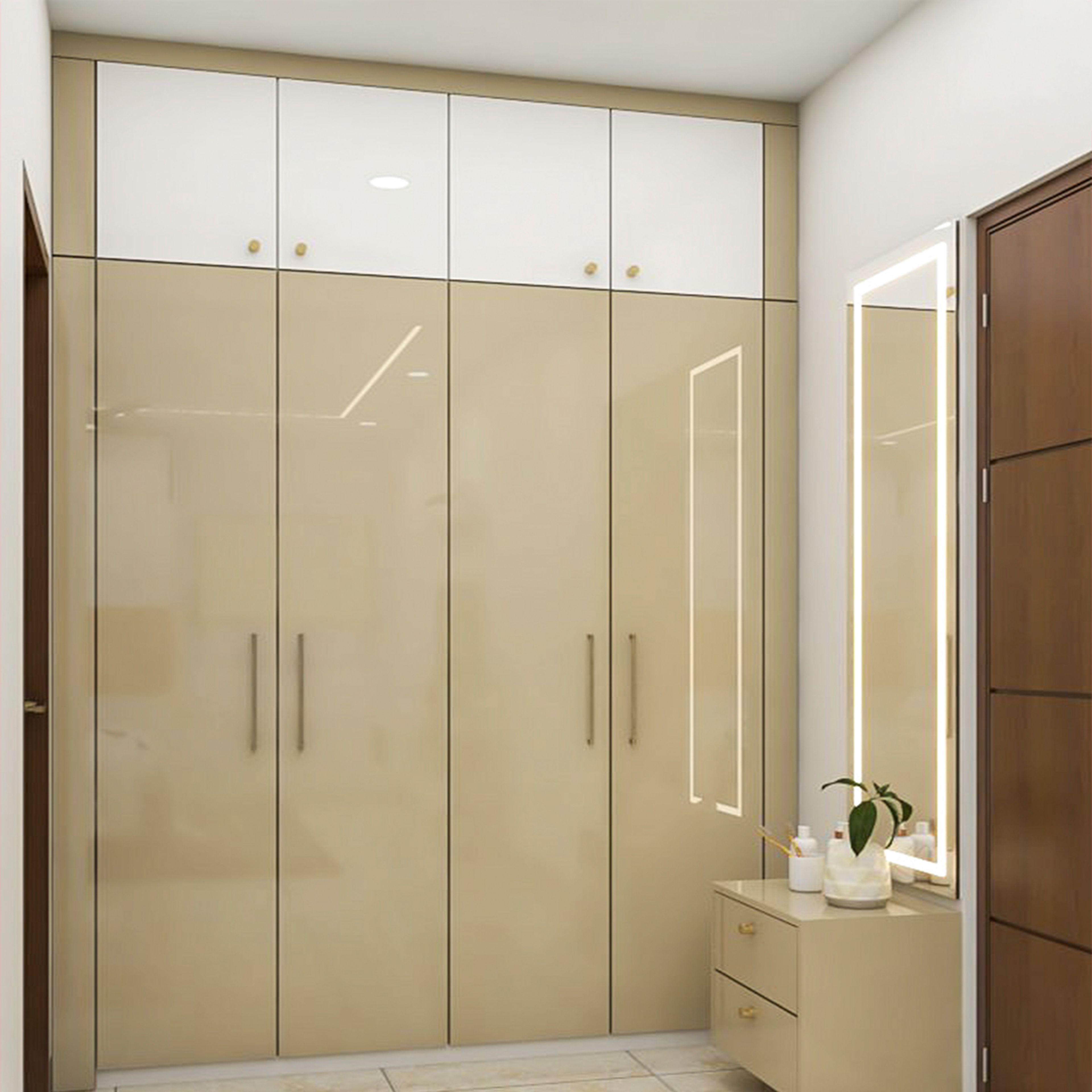 Modern 4-Door Cream and White Swing Wardrobe Design with High Gloss and Overhead Storage