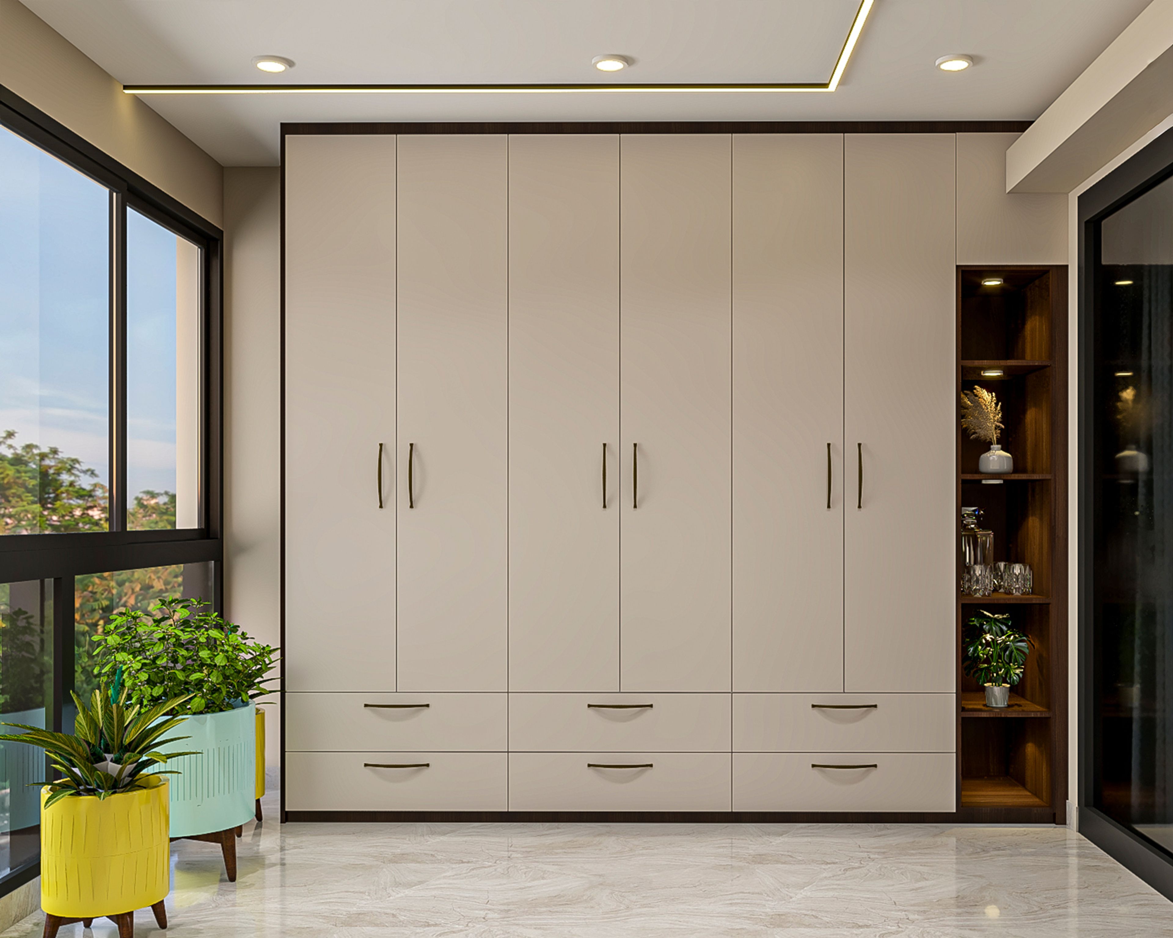 Contemporary 6-Door Swing Wardrobe Design with Open Display Shelves