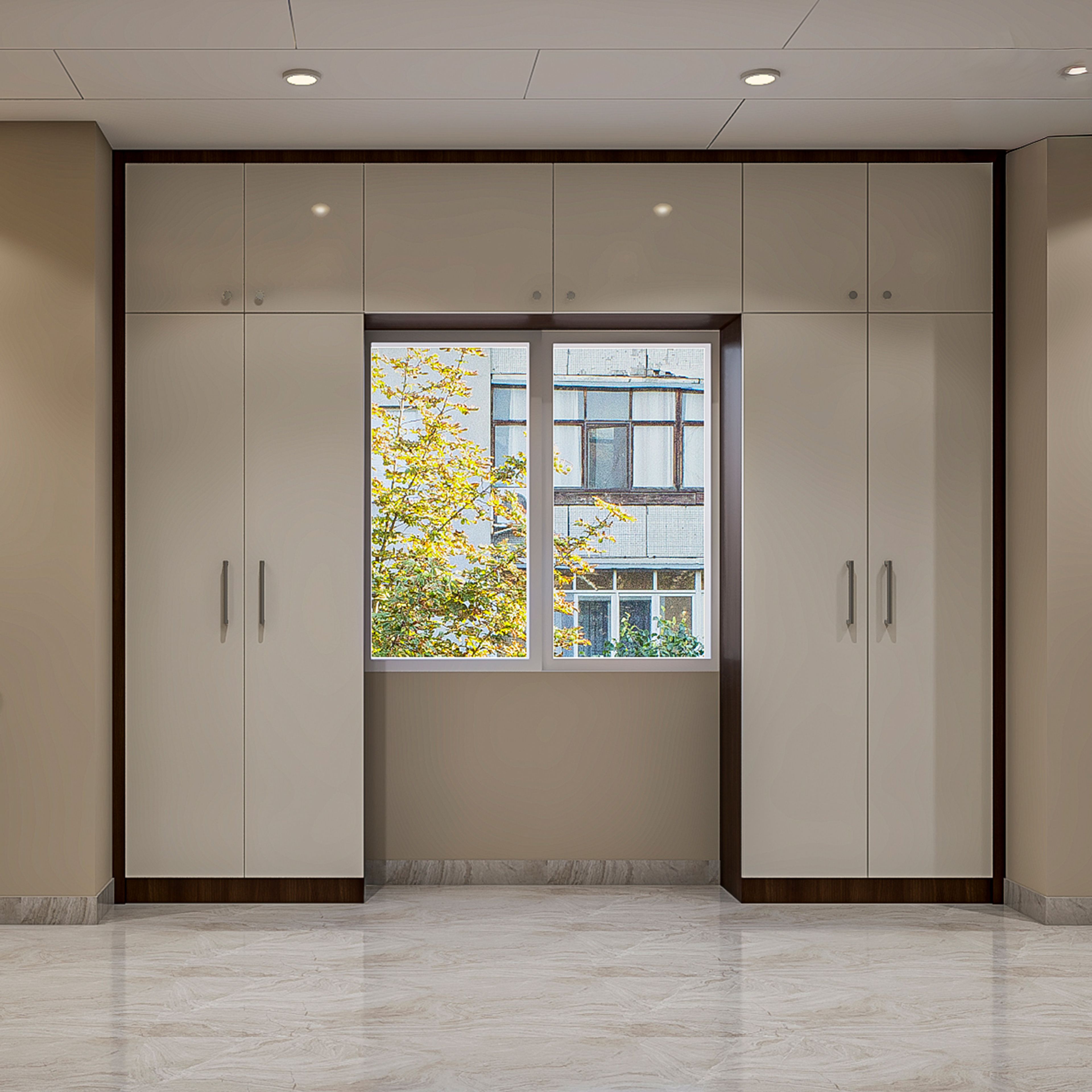 Window Friendly Contemporary Swing Wardrobe Design with Loft Cabinets