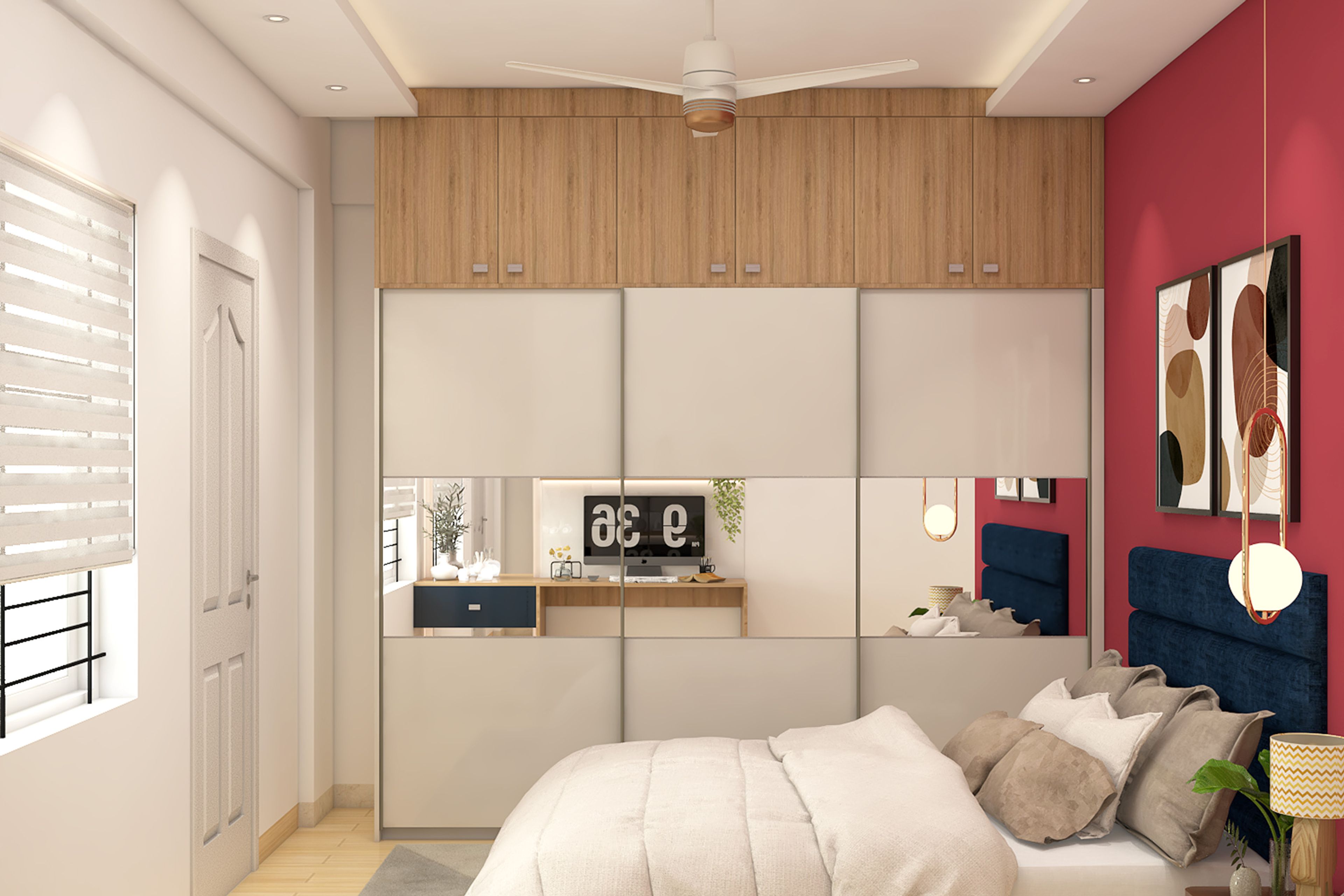 Modern 3-Door Sliding Wardrobe Design with Matte and Glossy Finishes and Loft Storage