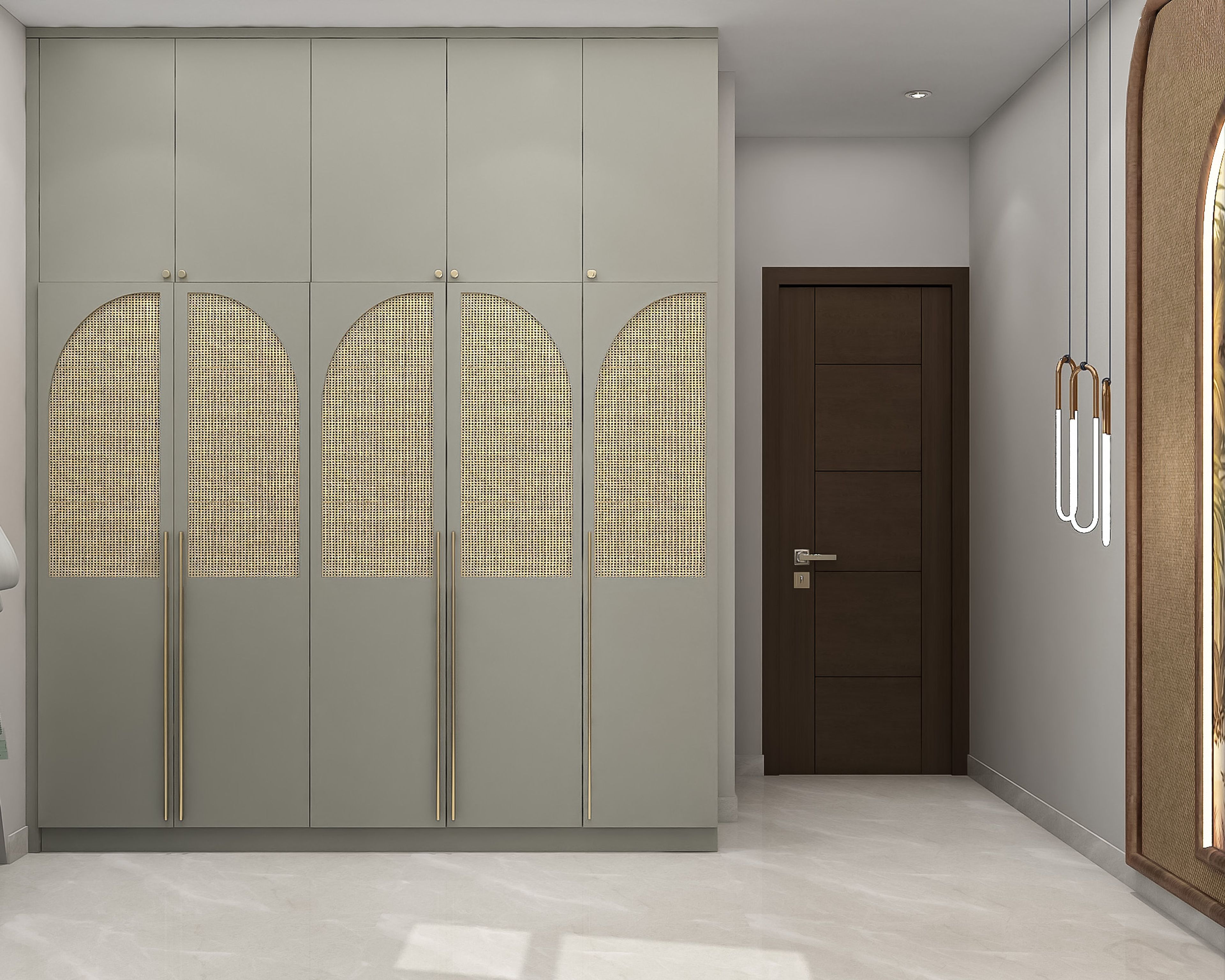 Rattan Panel 5-Door Swing Wardrobe Design with Grey Finish