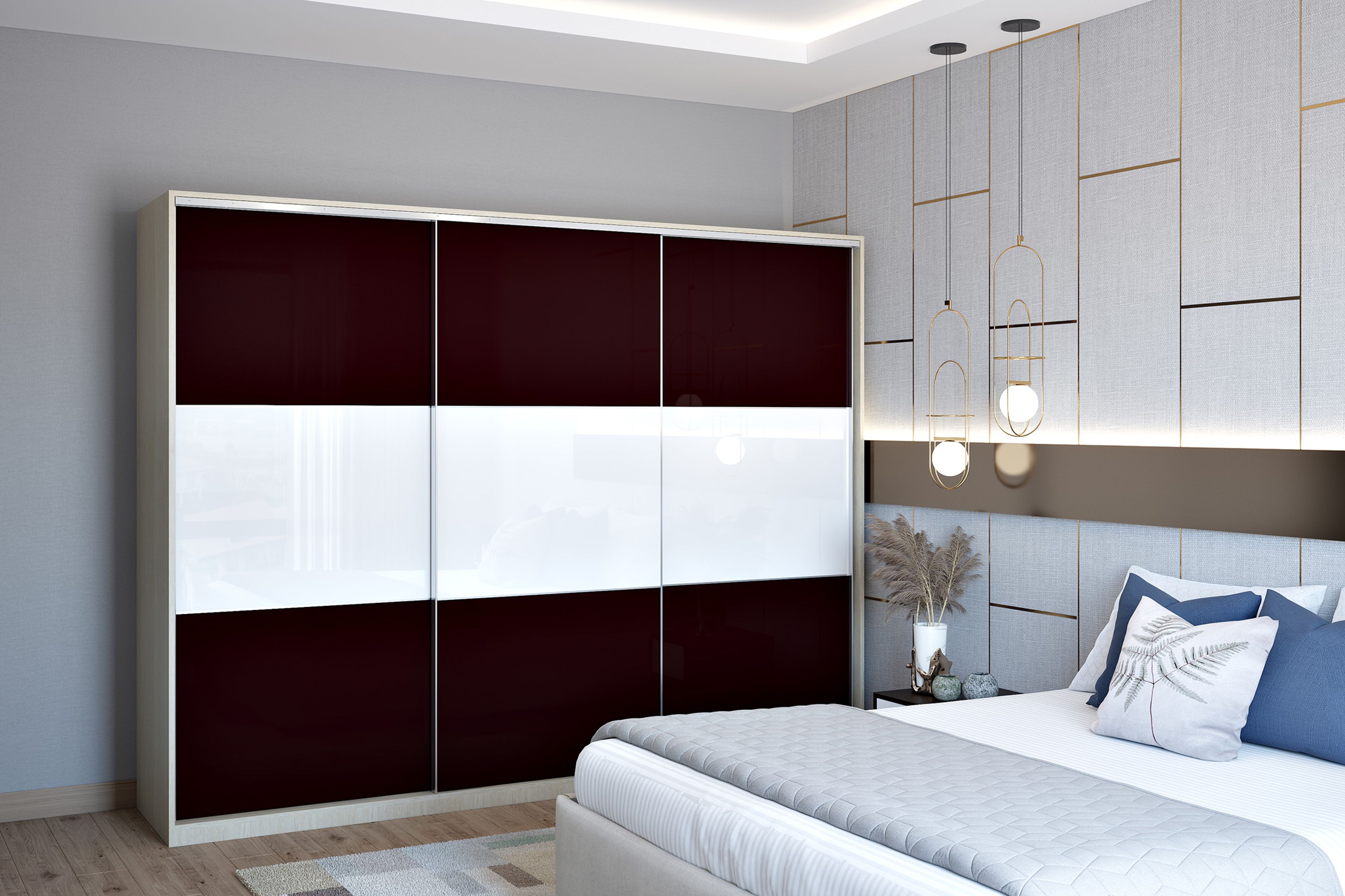 Violet and White Sliding Wardrobe Design with Glossy Finish