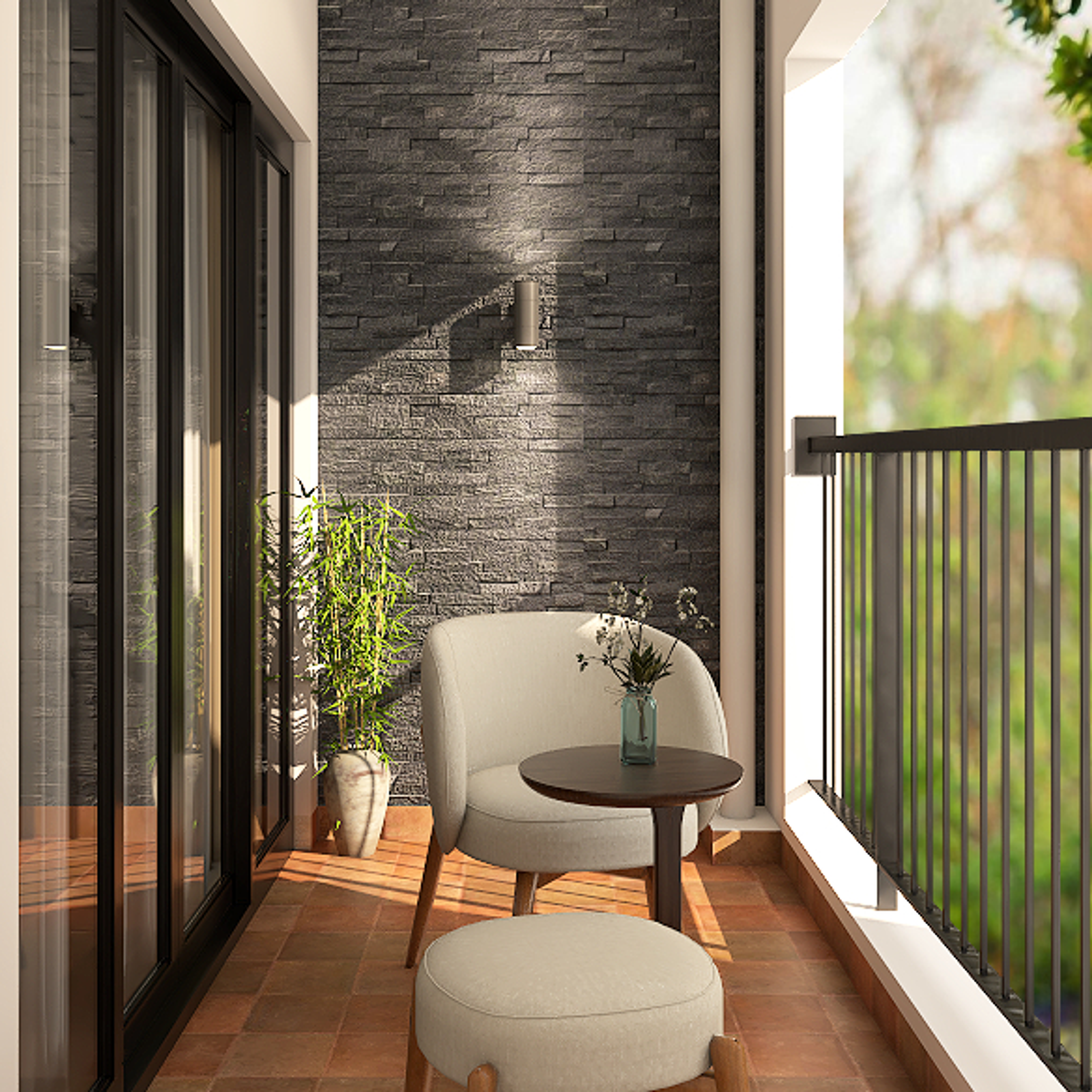 Spacious Balcony Design With Stone Wall