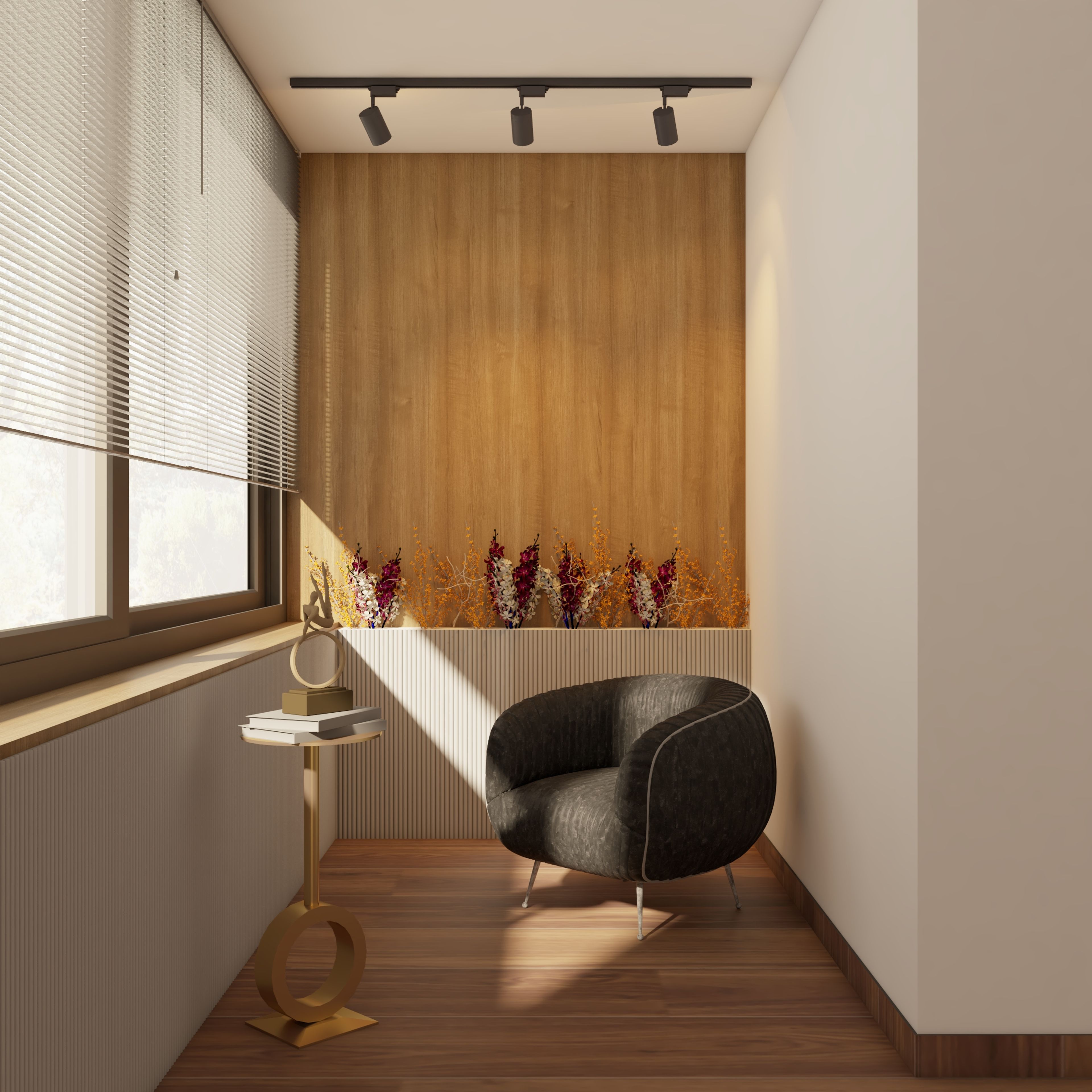 Contemporary Balcony Design With Wooden Flooring And Accent Wall