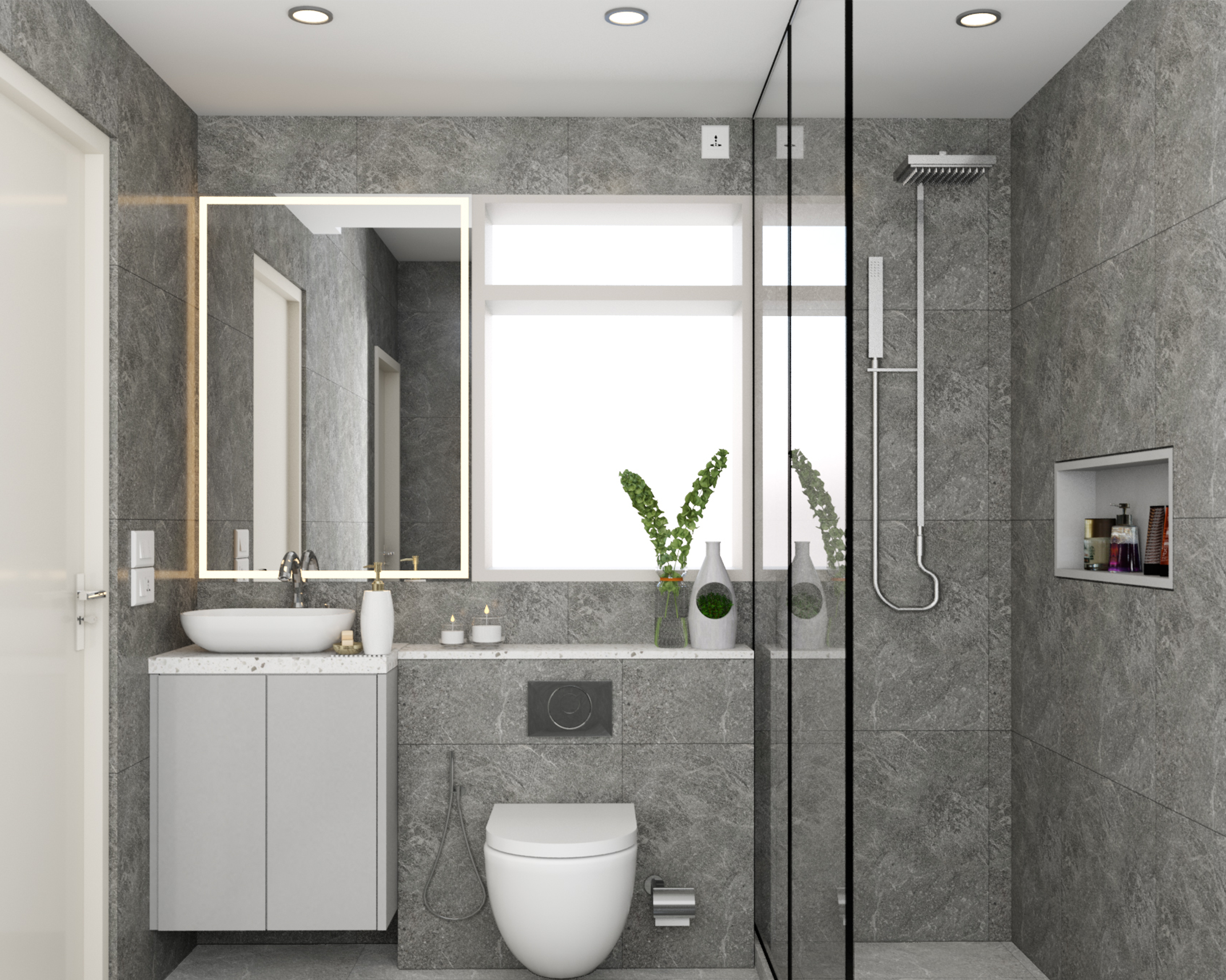 Modern Compact Bathroom Design With Grey Stone Finish