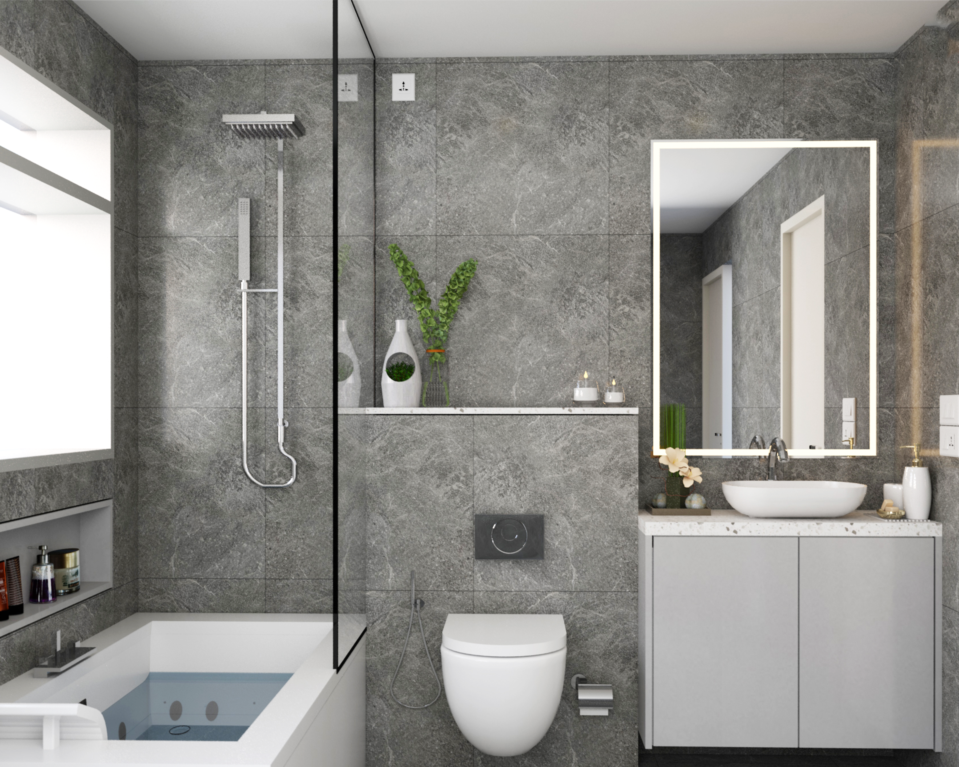 Modern Grey-Themed Bathroom Design With Compact Interiors