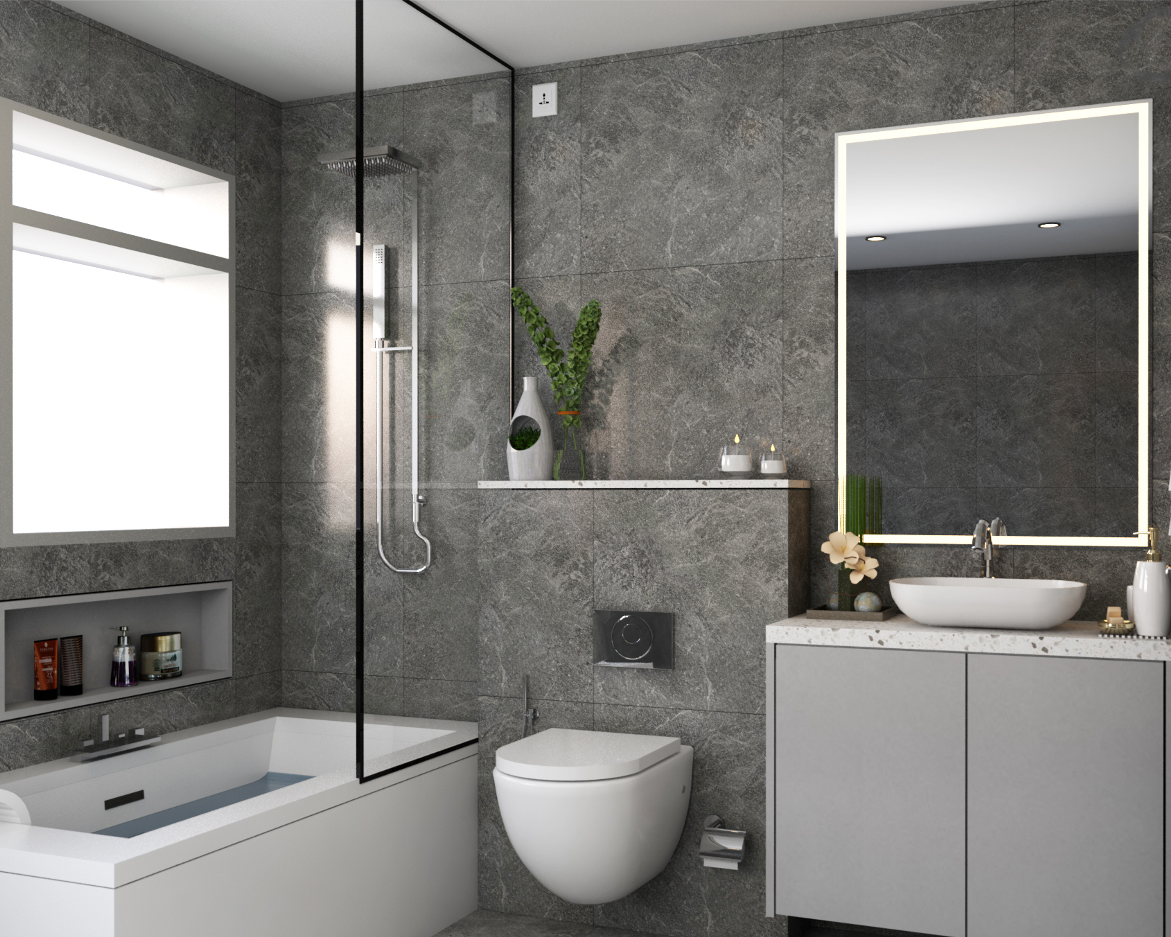 Compact Grey Finish Bathroom - Livspace