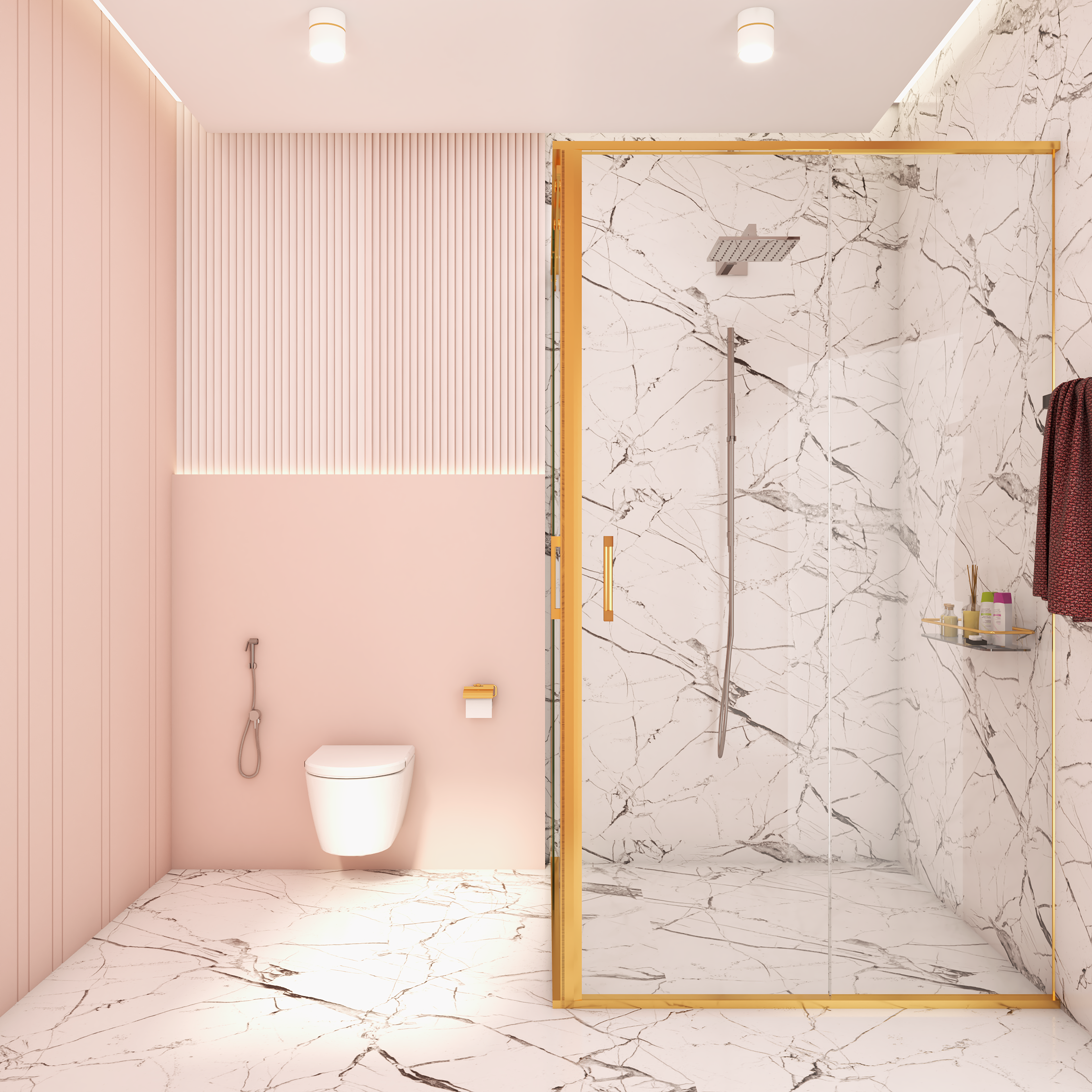 Modern Bathroom Design With Printed Tiles And Pink Walls