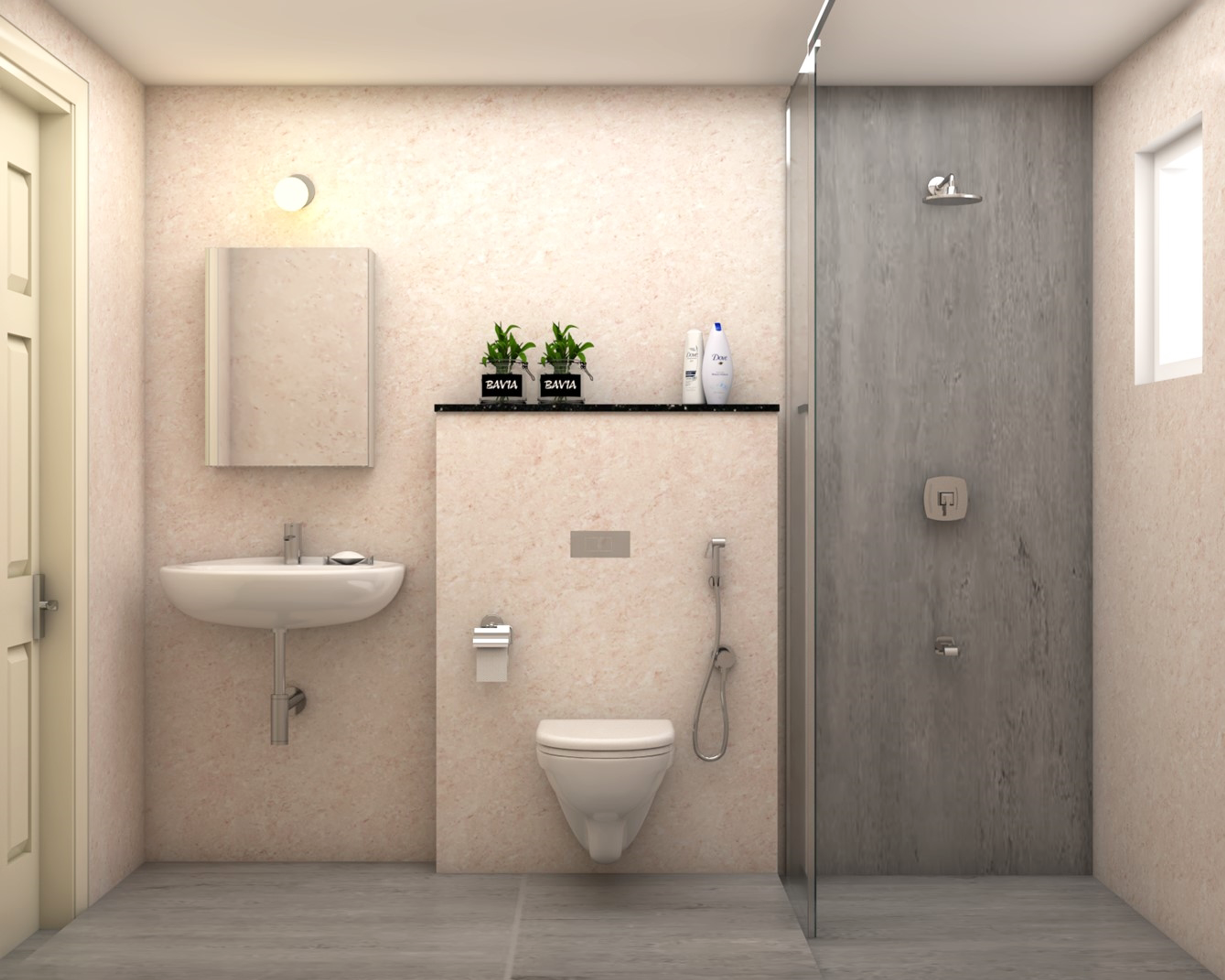Modern Themed Spacious Bathroom Design In Light Pink And Grey