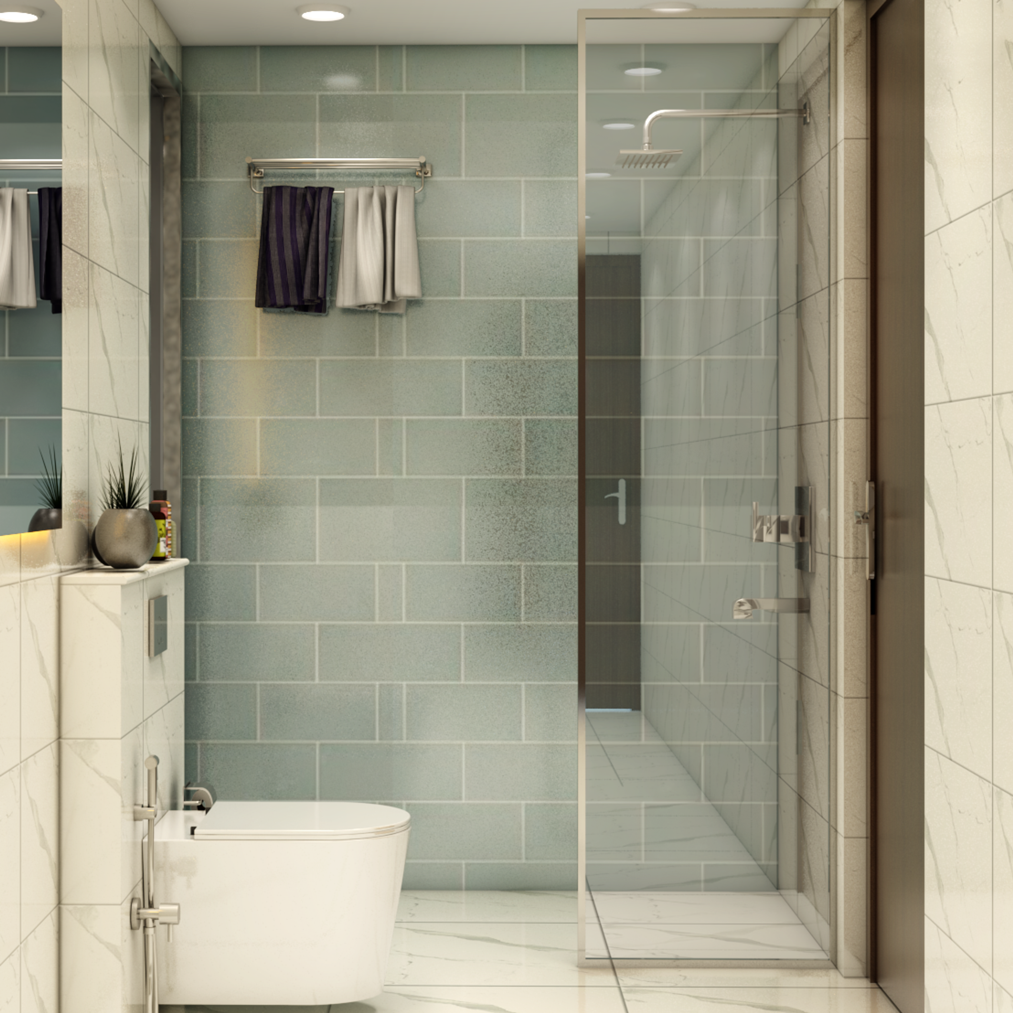 Contemporary Bathroom With Backlit Mirror - Livspace