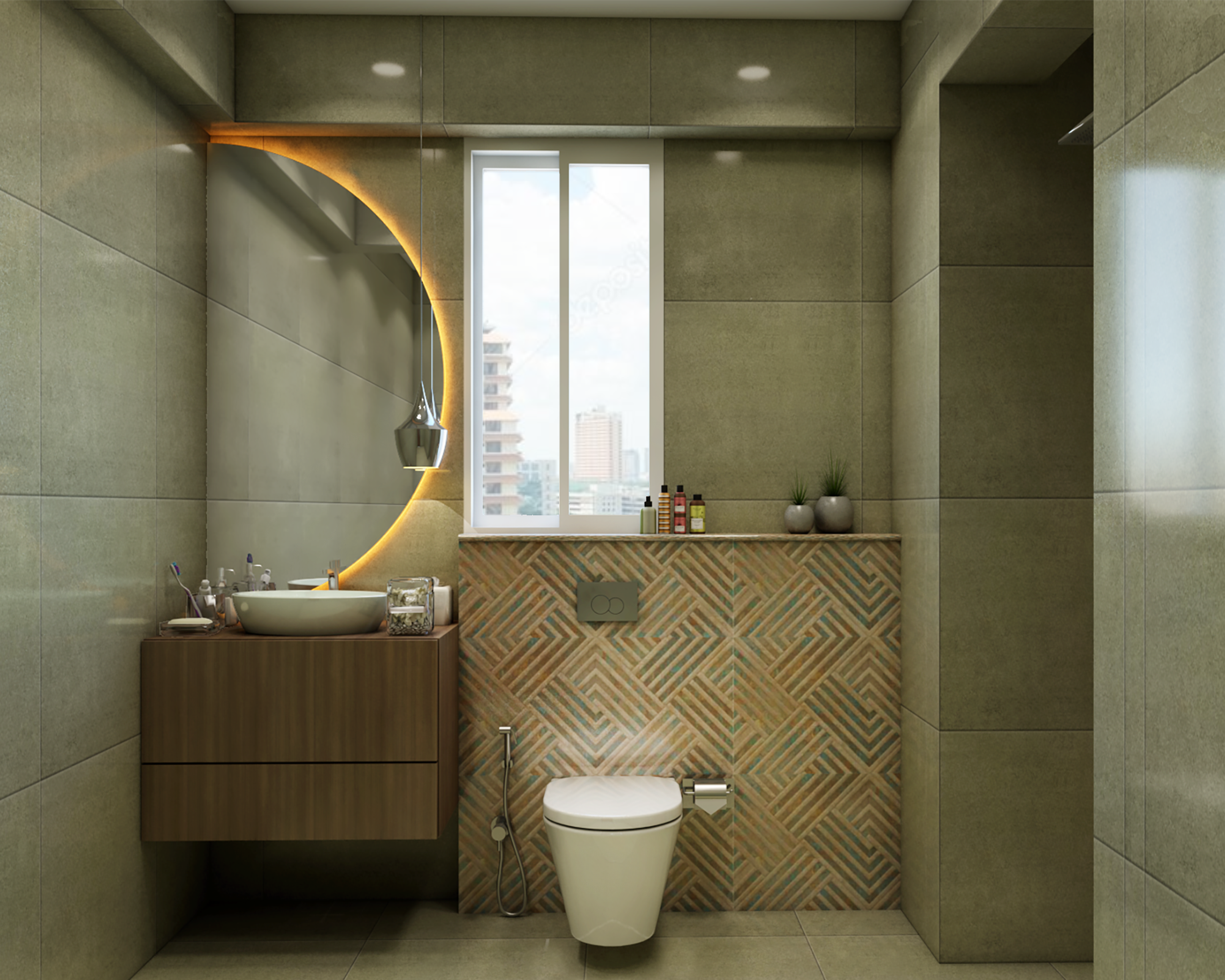 Modern Pastel Green Bathroom With Niche Area