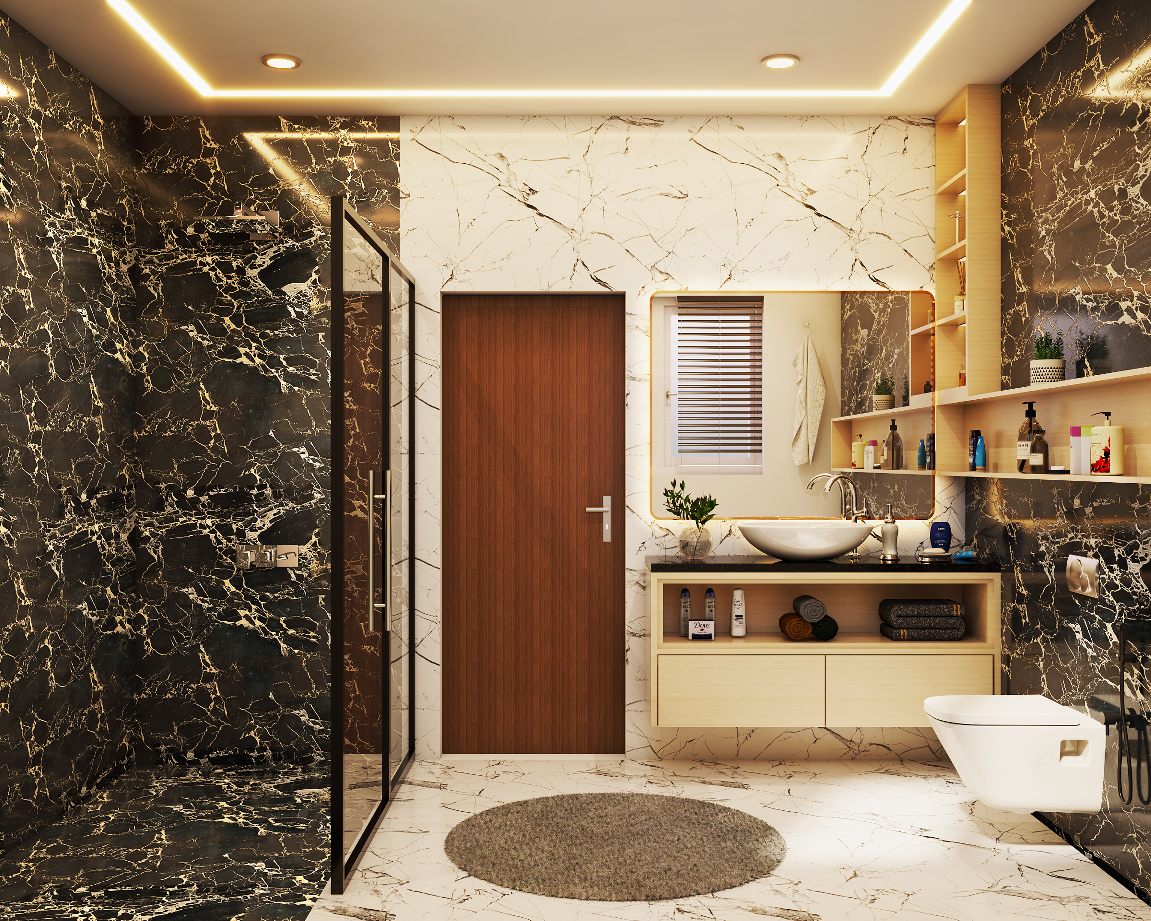 Modern Spacious Bathroom Design With Marble Flooring