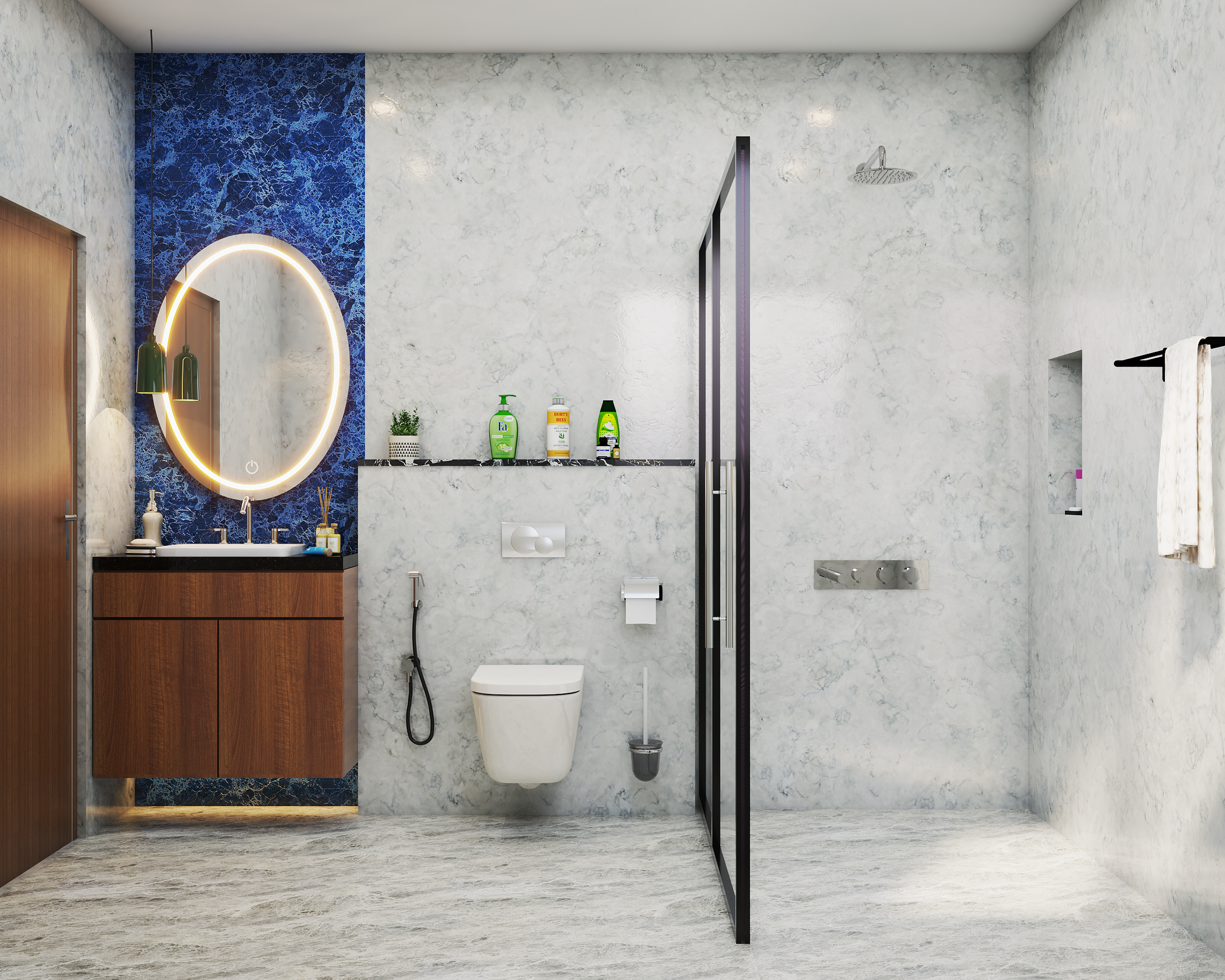 Spacious Bathroom Design With Stunning Blue Feature Wall