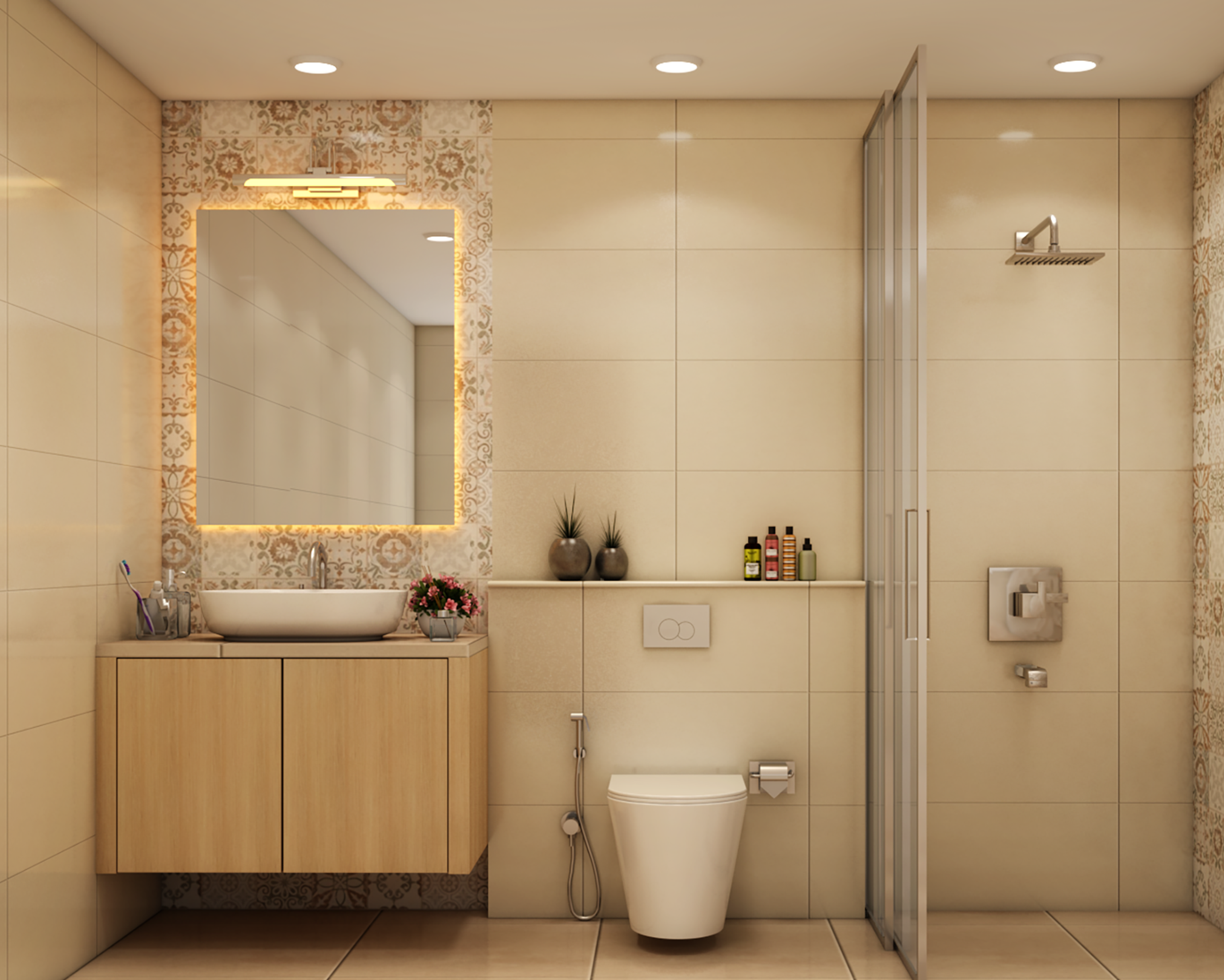 Compact Beige Bathroom Design With Backlit Vanity Mirror