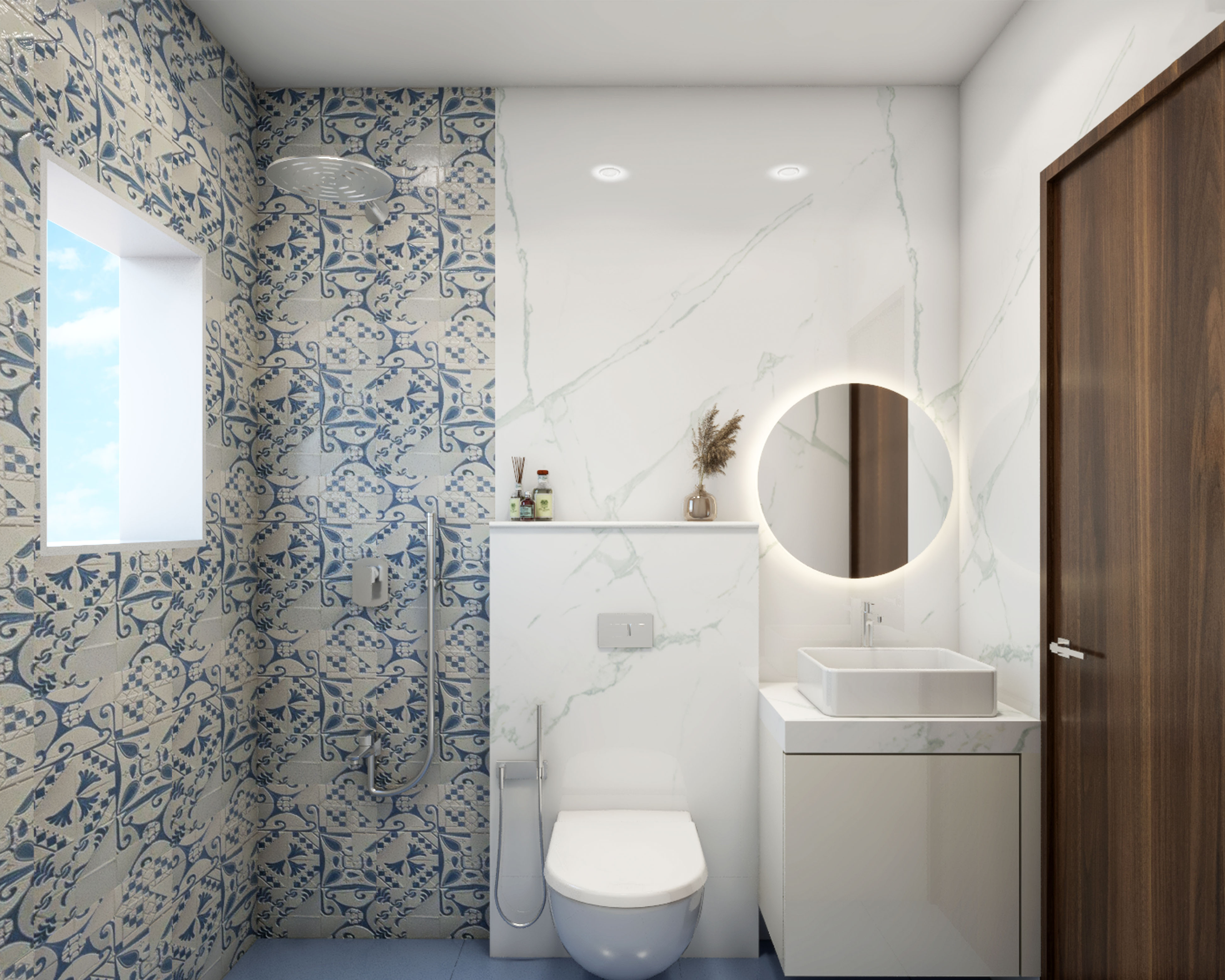 Compact Bathroom Design With Marble Countertop Vanity Unit