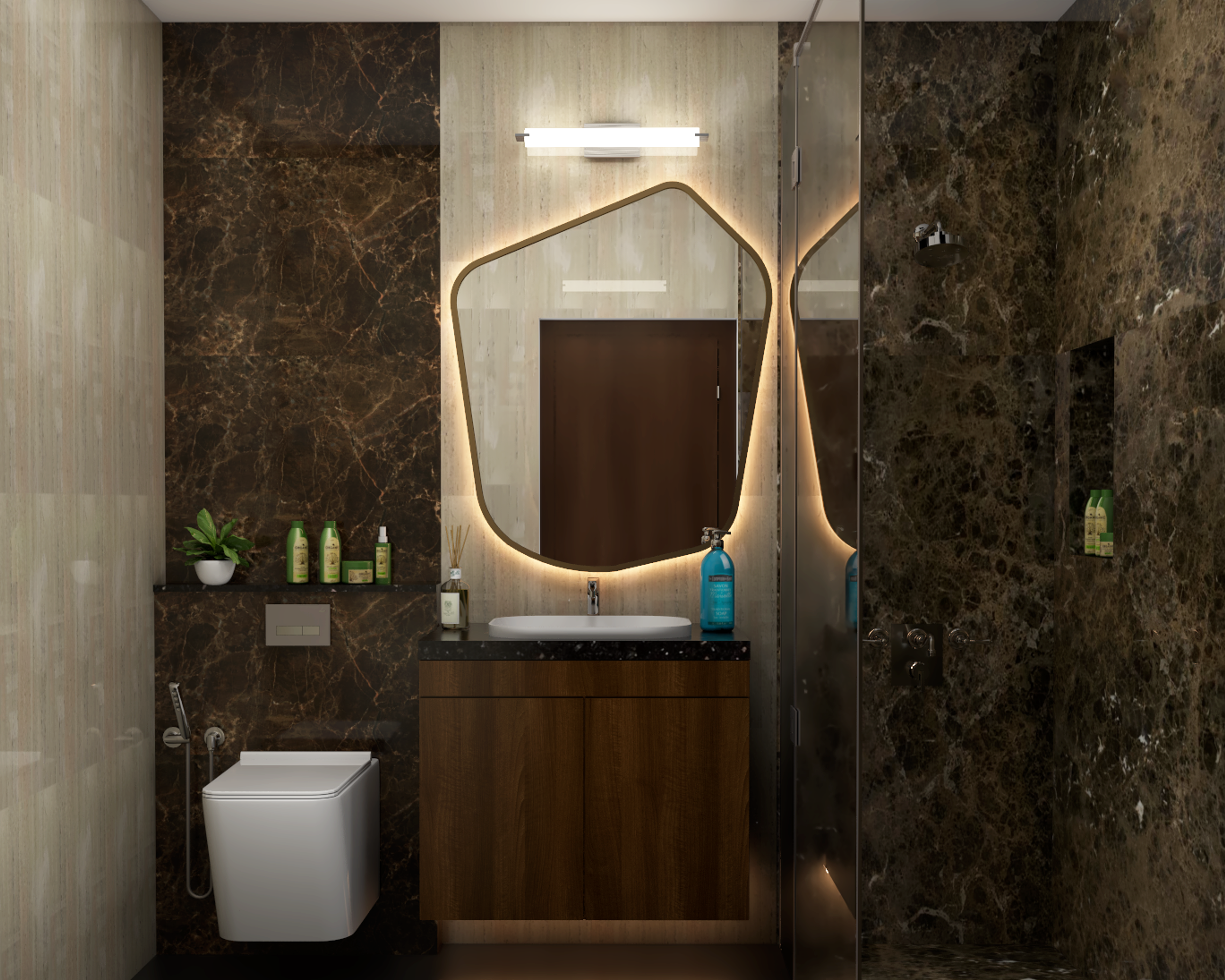 Contemporary Bathroom Design With Backlit Mirror And Marble Walls