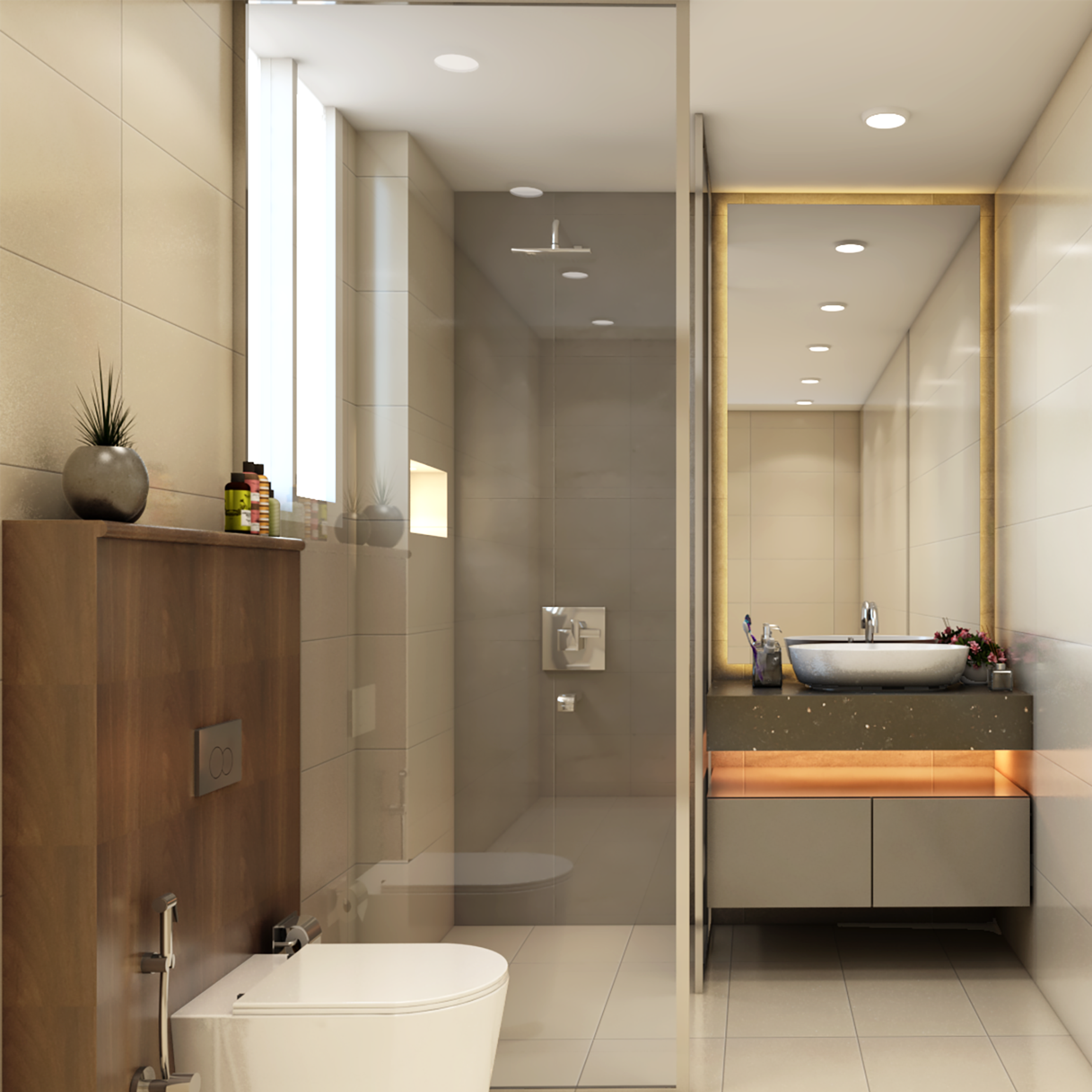 Pale Grey Bathroom Design With Wall-Mounted Vanity