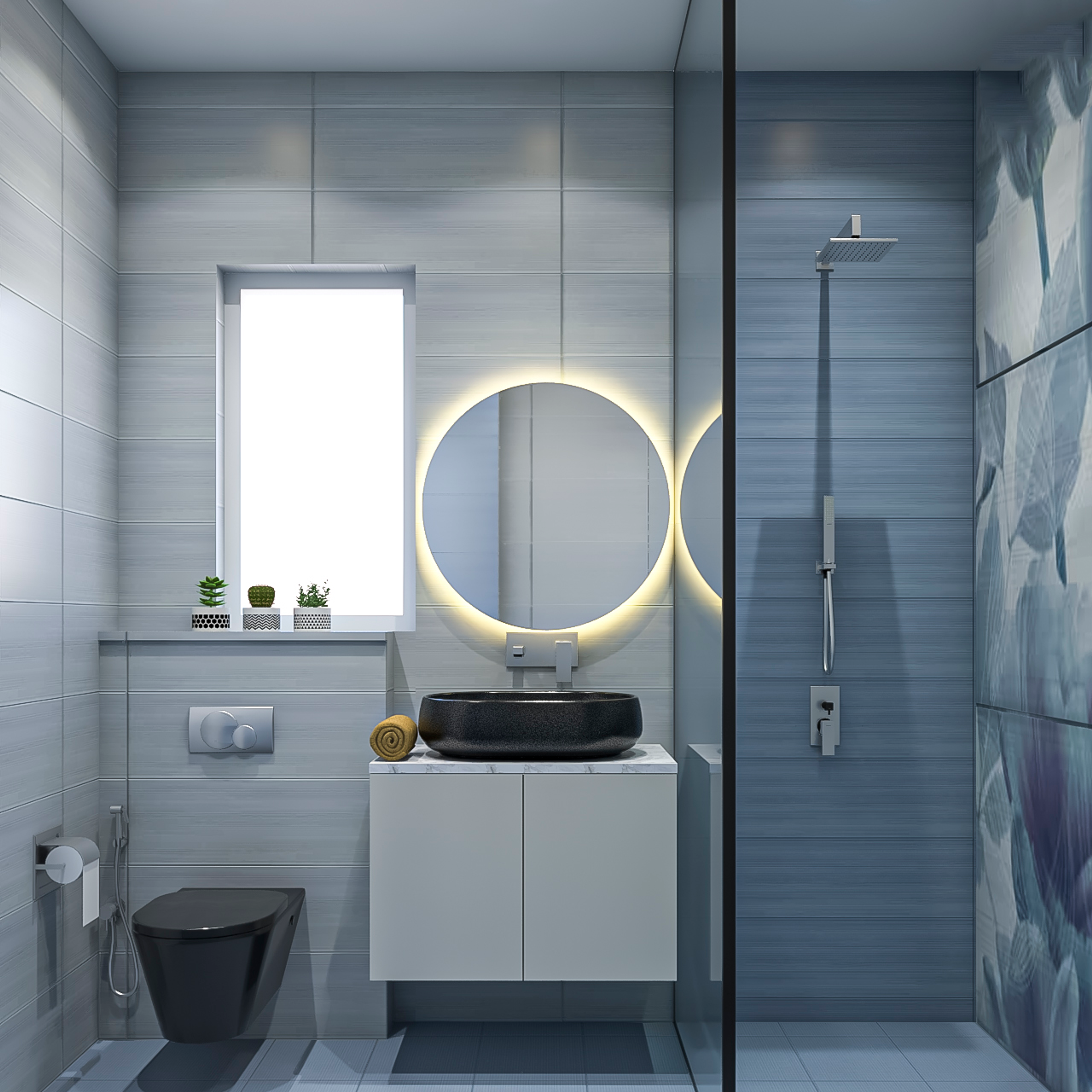 Sea Blue Modern Bathroom Design With Round Mirror