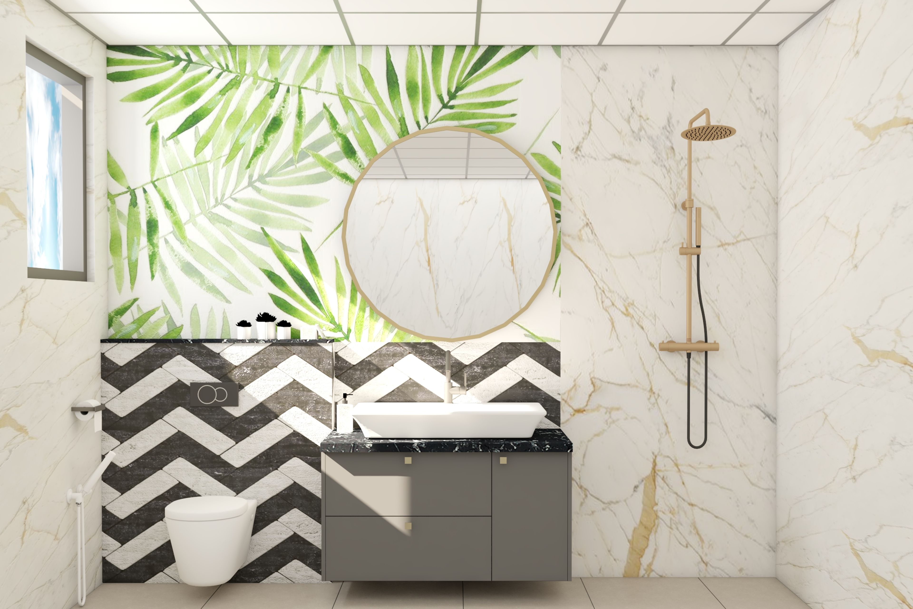 Tropical Bathroom Design With Quartz Countertop