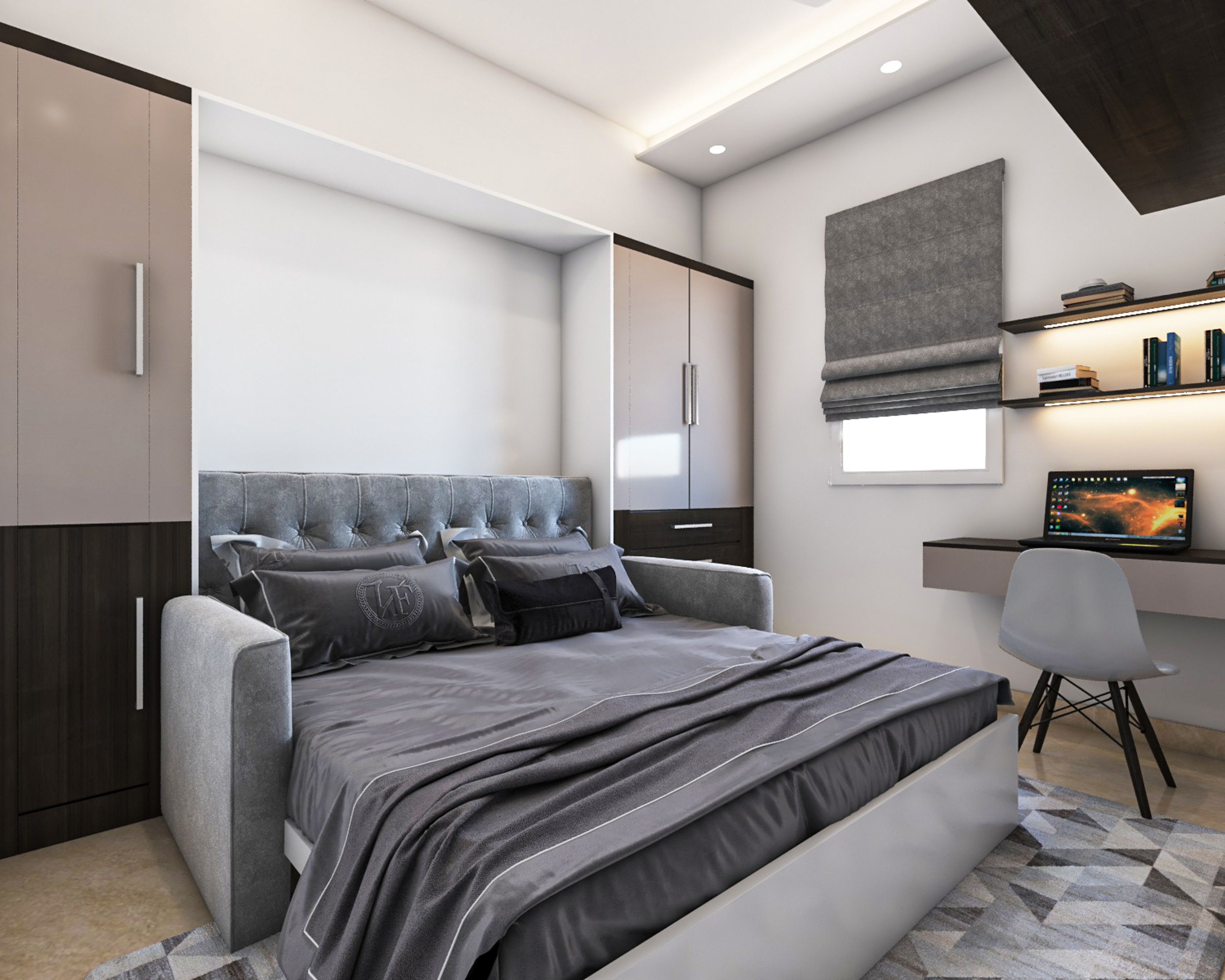 Spacious Grey Master Bedroom Design With Study Unit