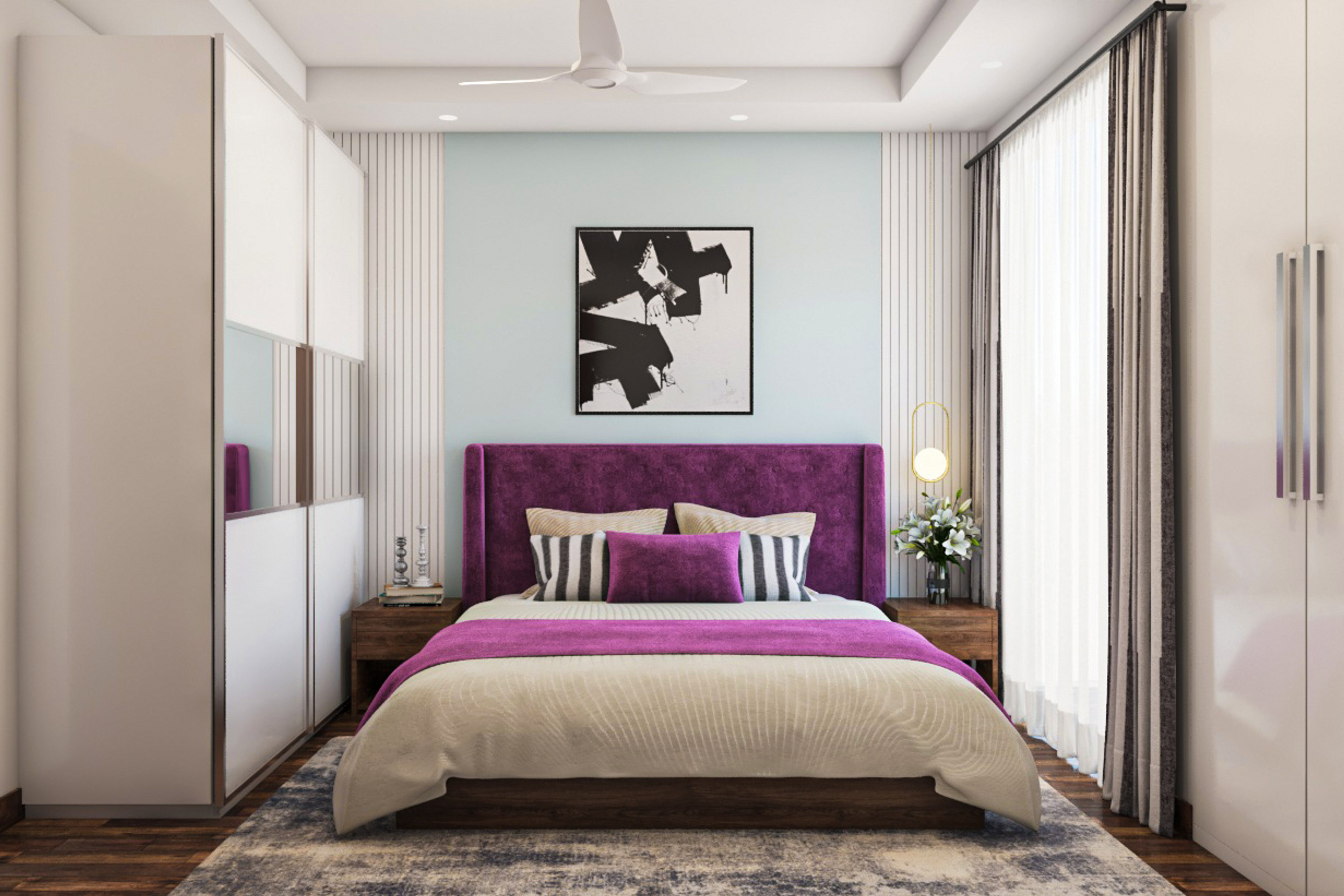 Spacious Contemporary Master Bedroom Design With Purple Headboard