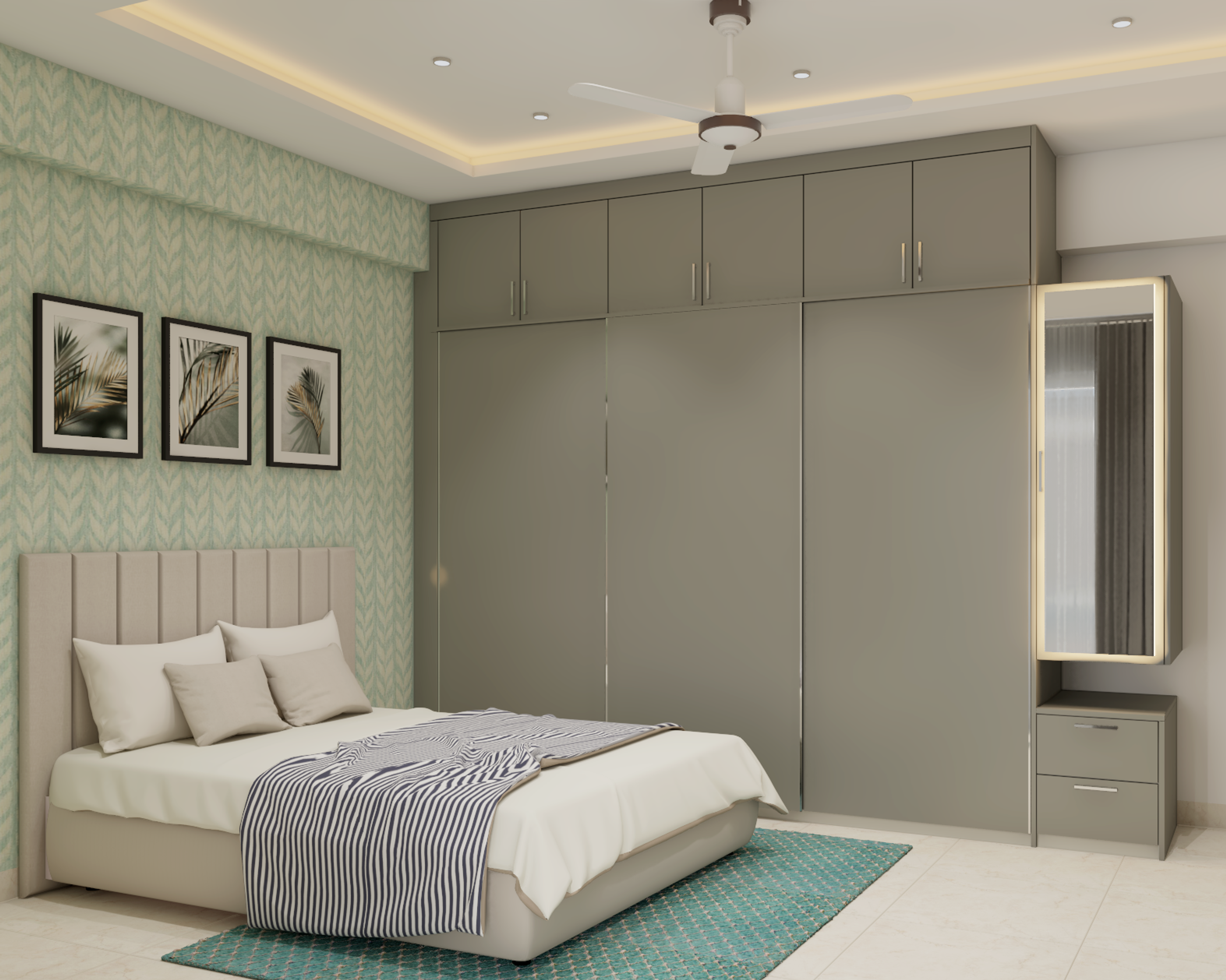 Modern Bedroom Design With Minimal Furniture And Green Wallpaper