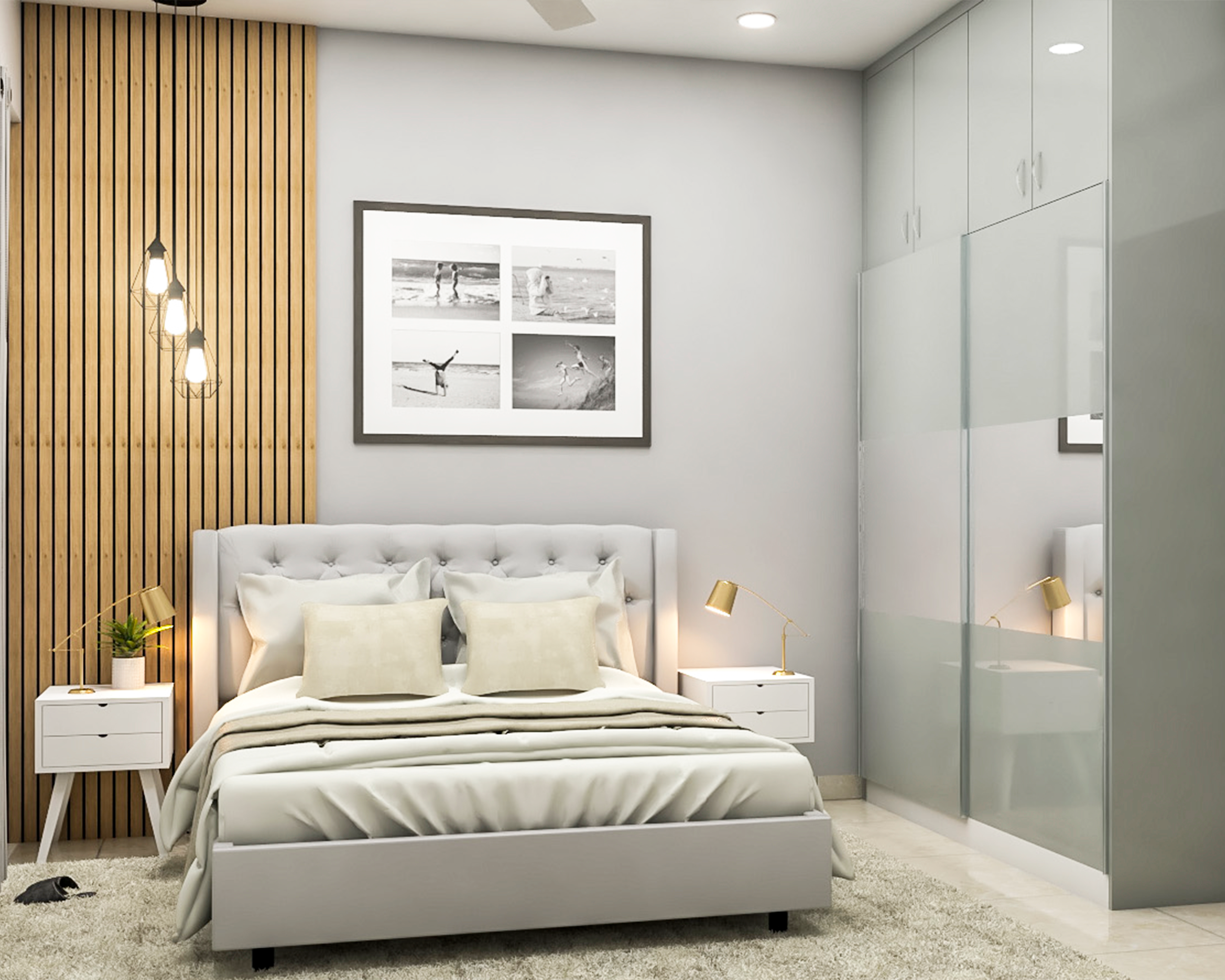 Grey Modern Master Bedroom Design With Pendant Lights