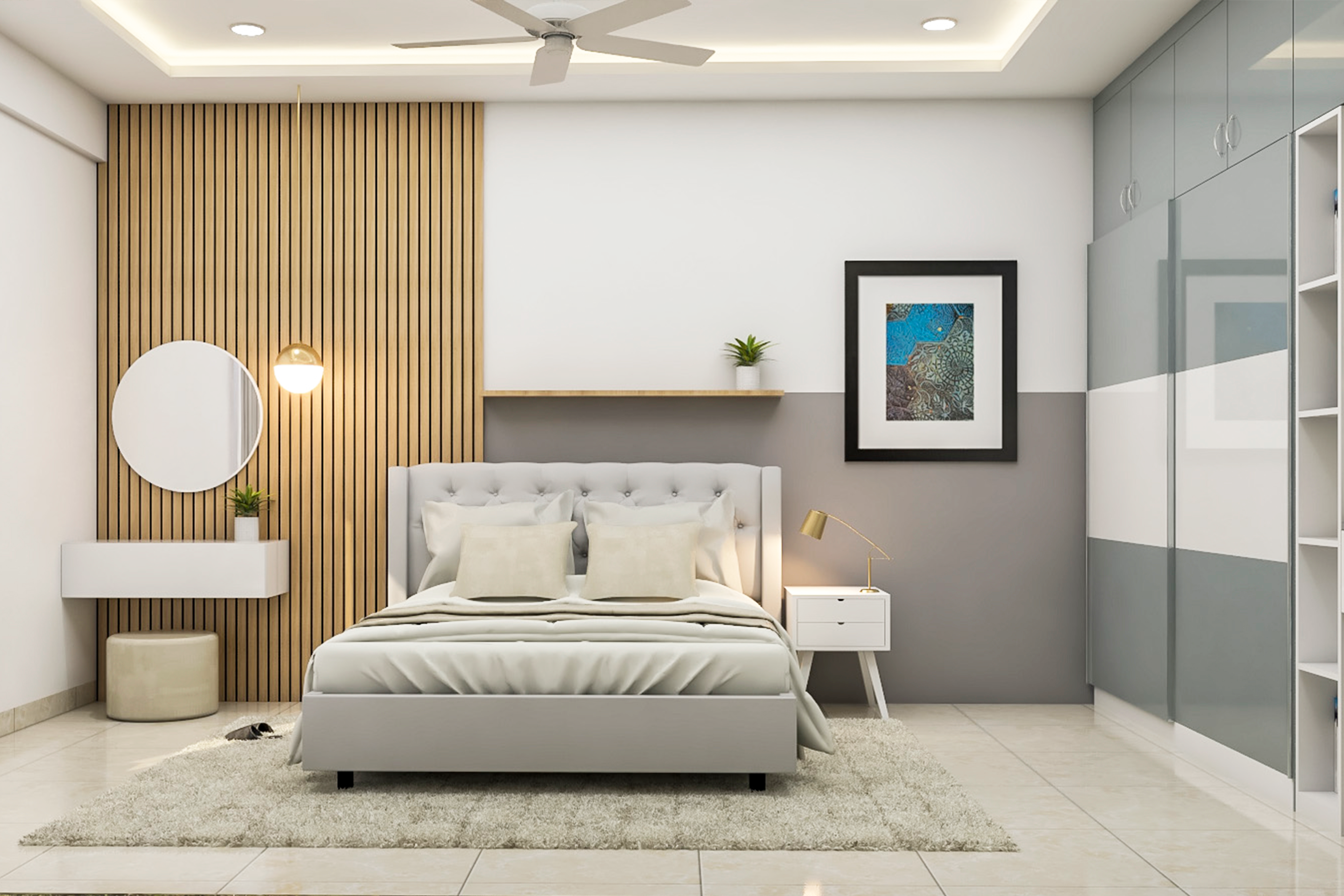 Grey Modern Master Bedroom Design With Wooden Panels