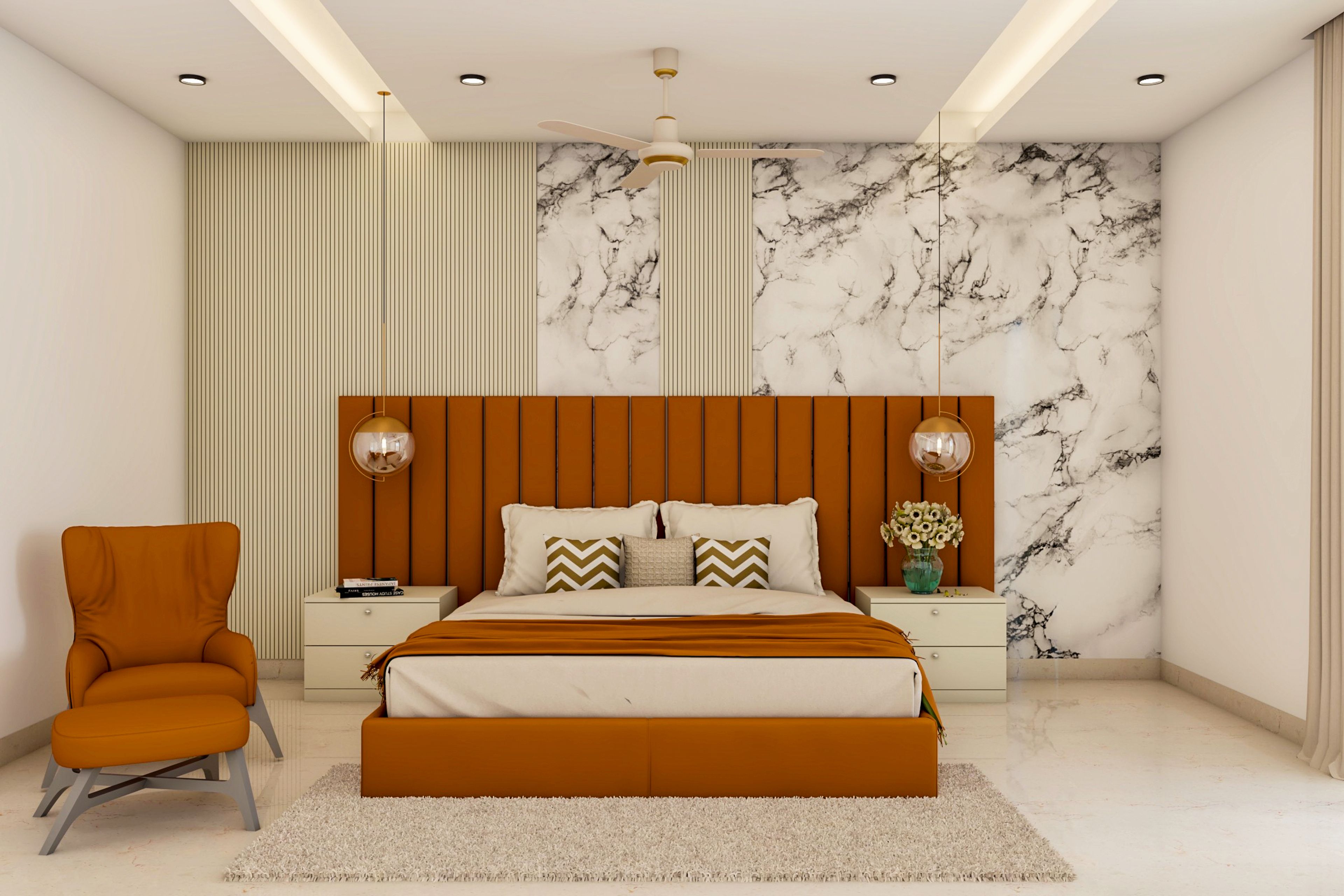 Spacious Master Bedroom Design With Marble Texture Wallpaper