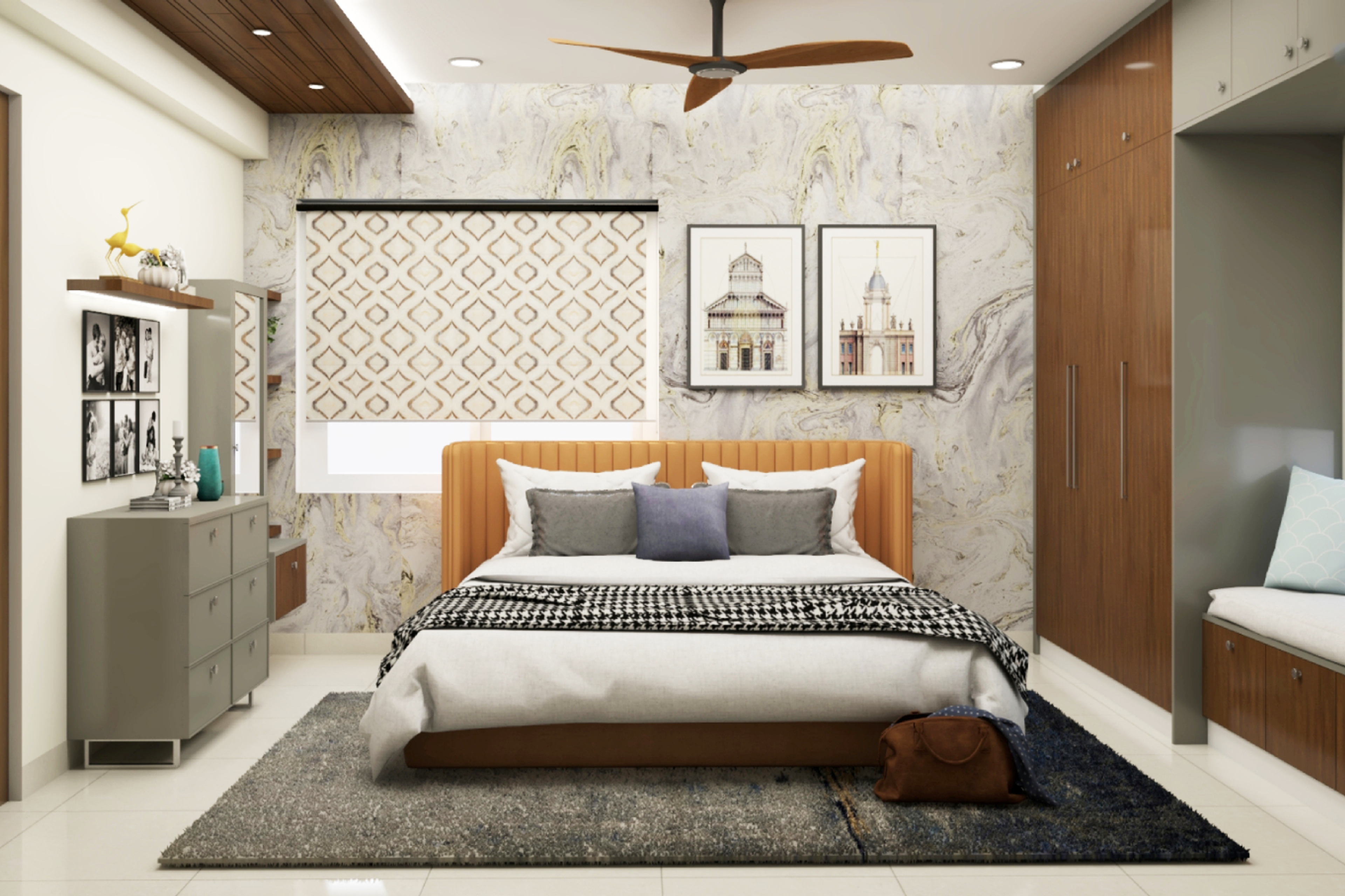 Master Bedroom Design With Marble Accent Wall And Orange Tufted Headboard