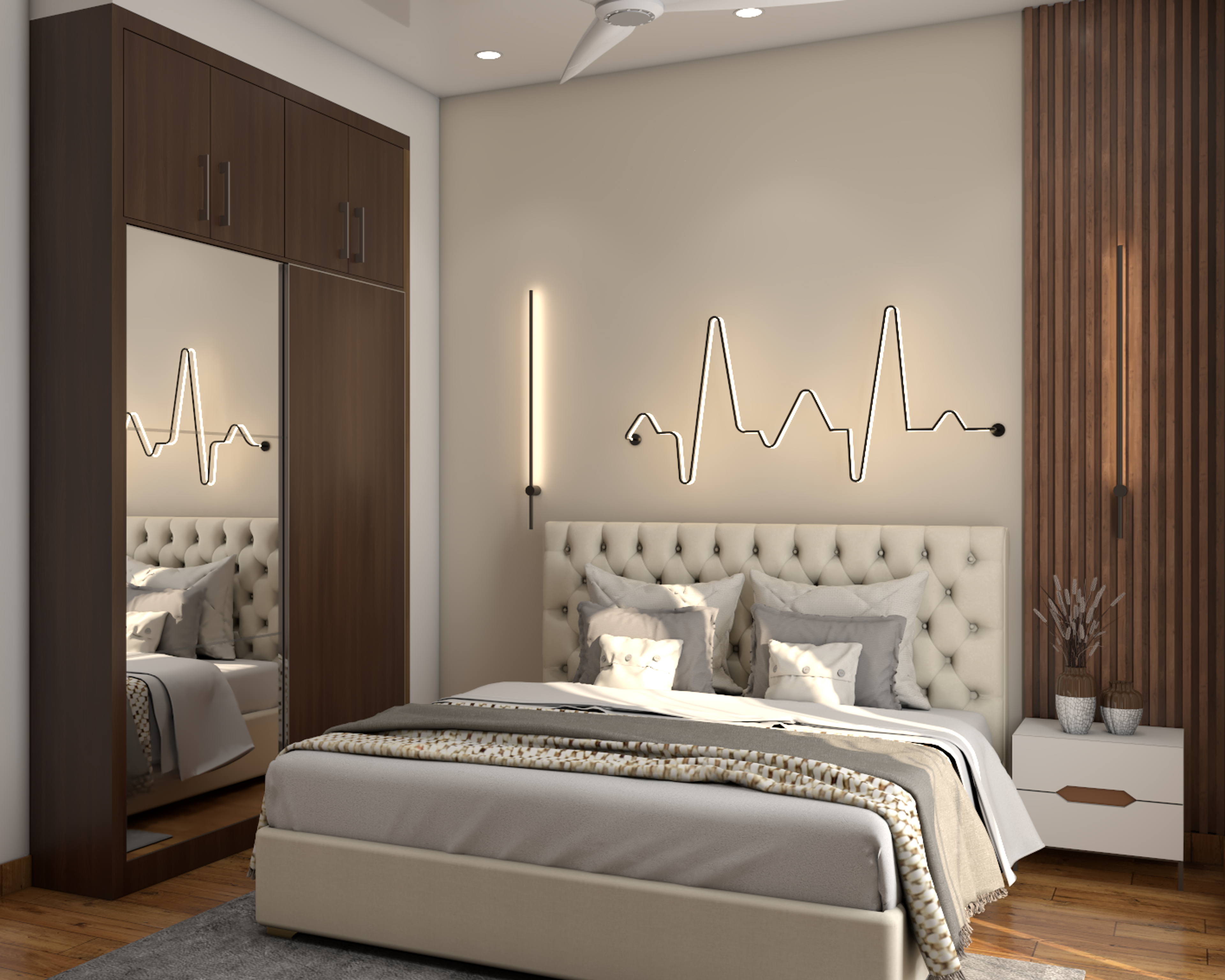 Compact Modern Master Bedroom Design With Wooden Panels