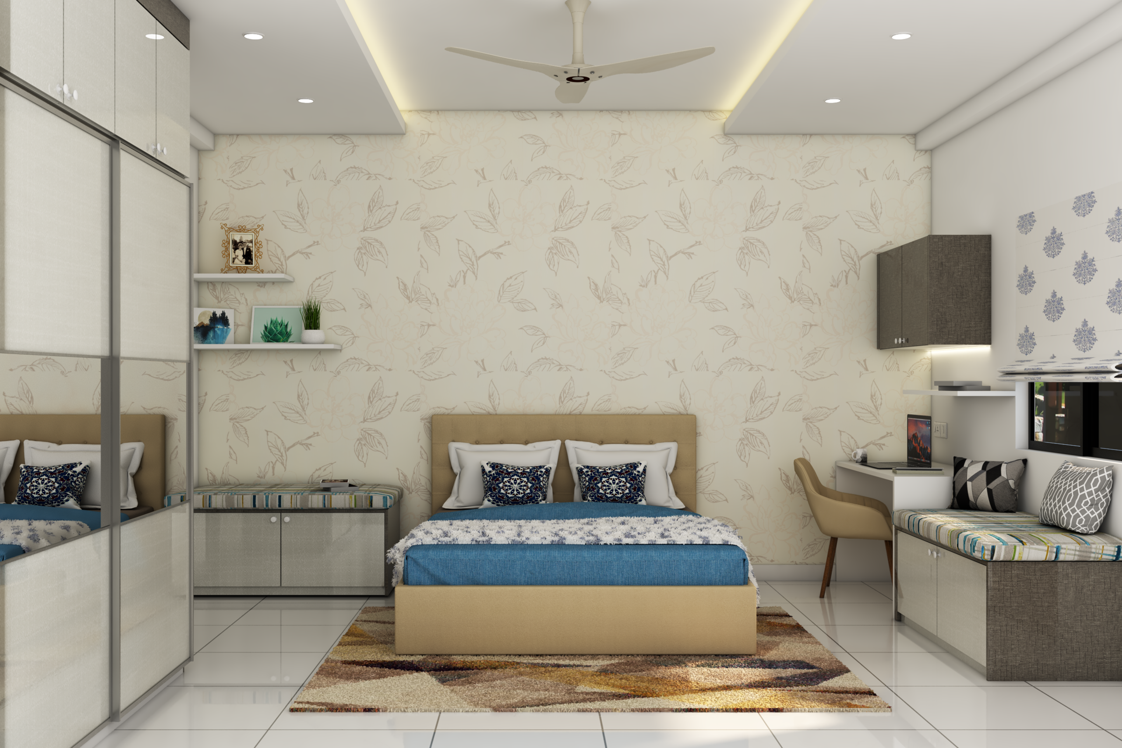 Contemporary Master Bedroom Design With Desk And Floral Wallpaper