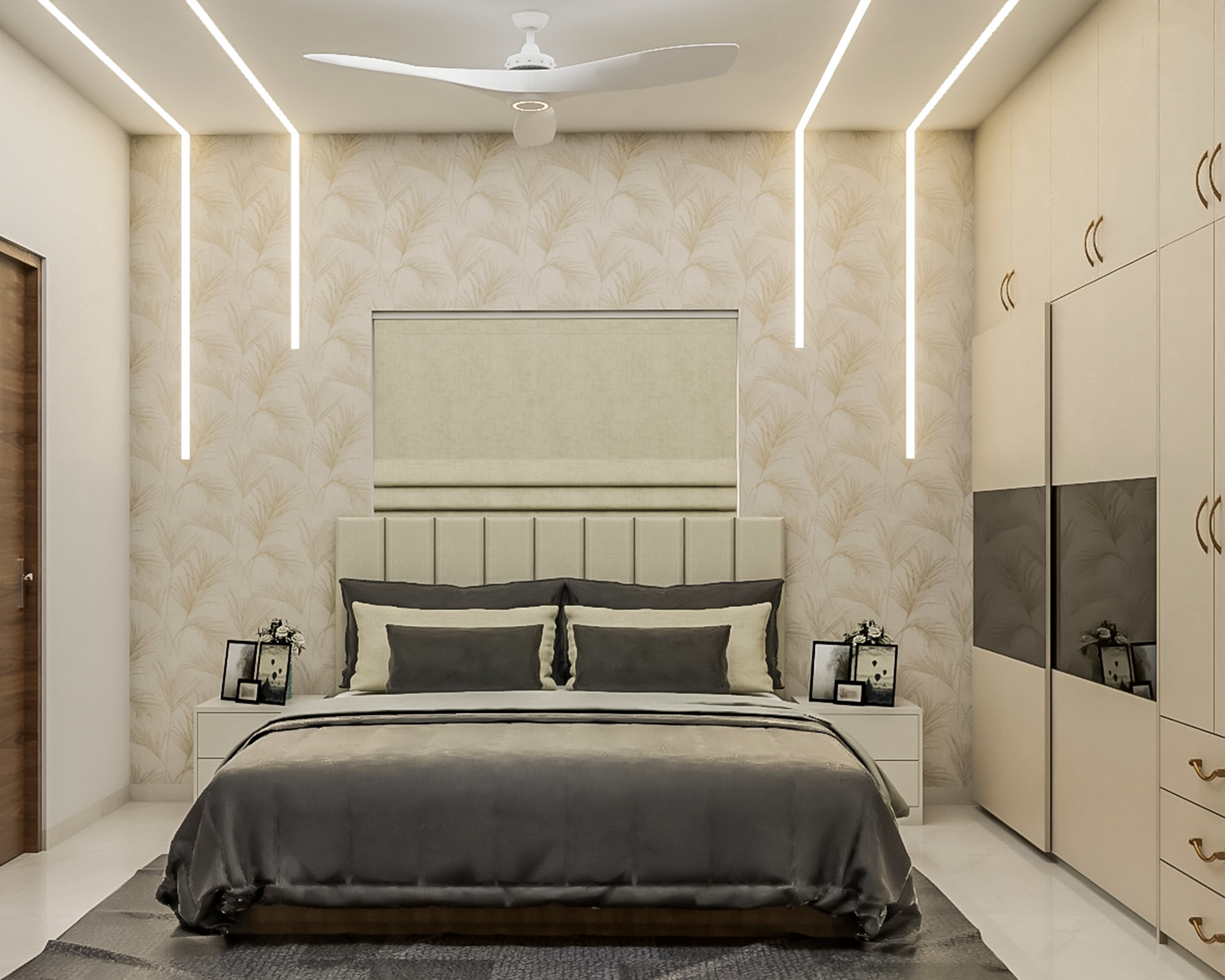 Monochromatic Beige Coloured Bedroom With Max Convenience