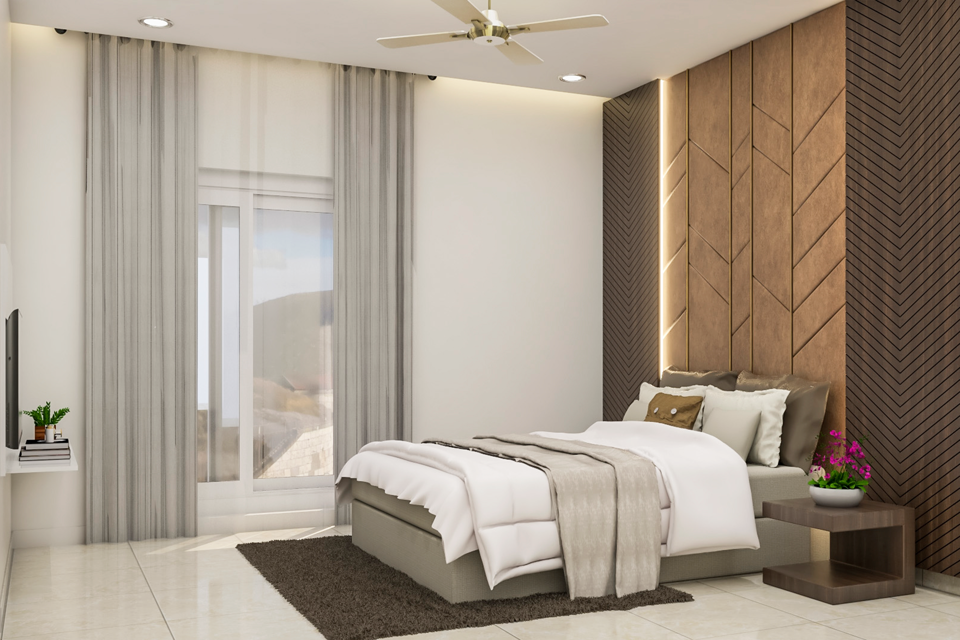 Classic Bedroom With Grooved Wooden Accent Wall