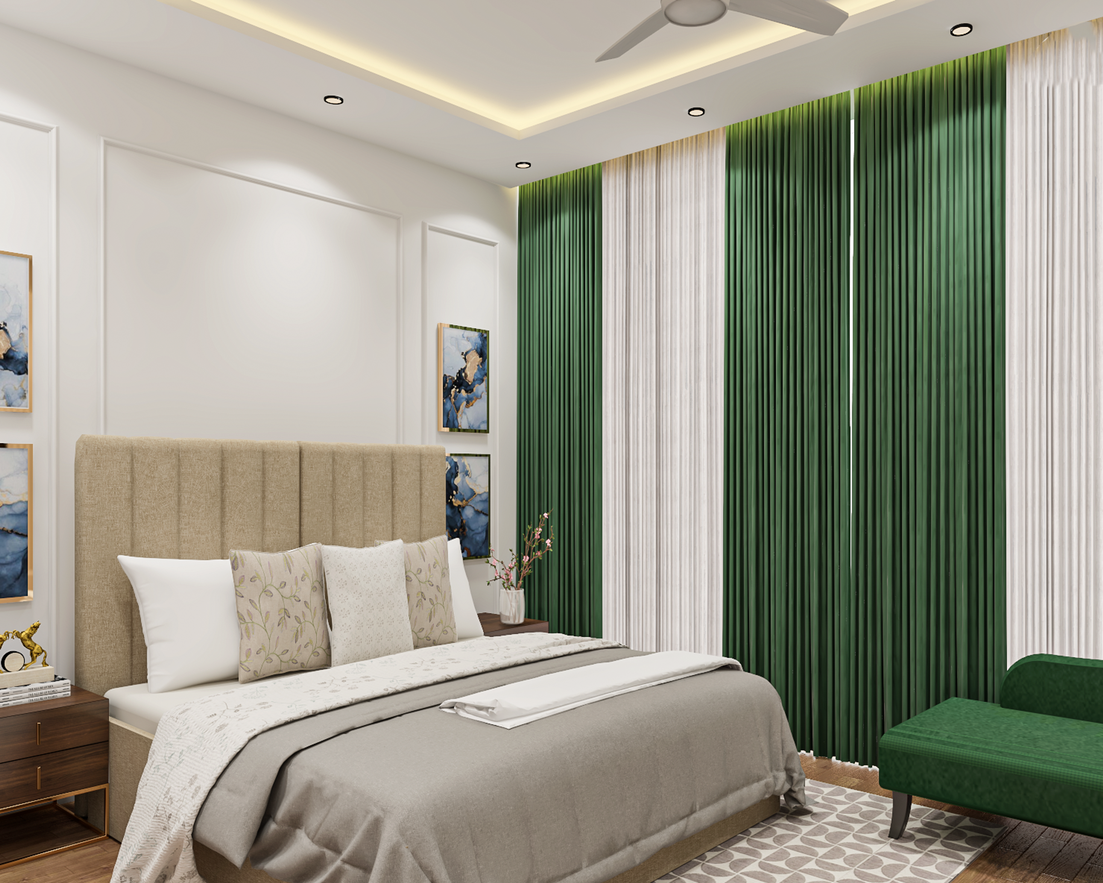 Spacious Master Bedroom Design With Beige And Green Interiors