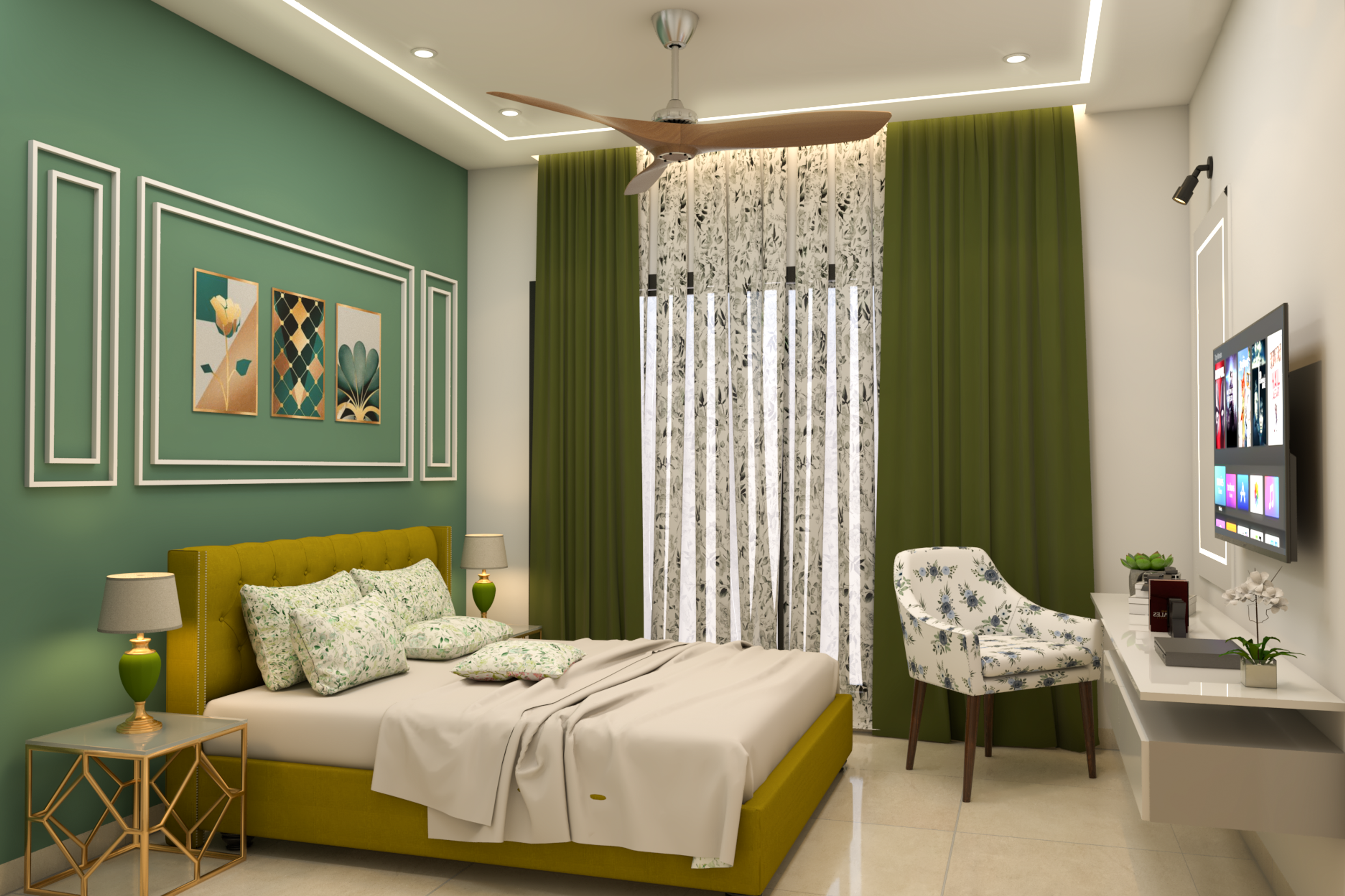 Contemporary Bedroom With Green Accent Wall