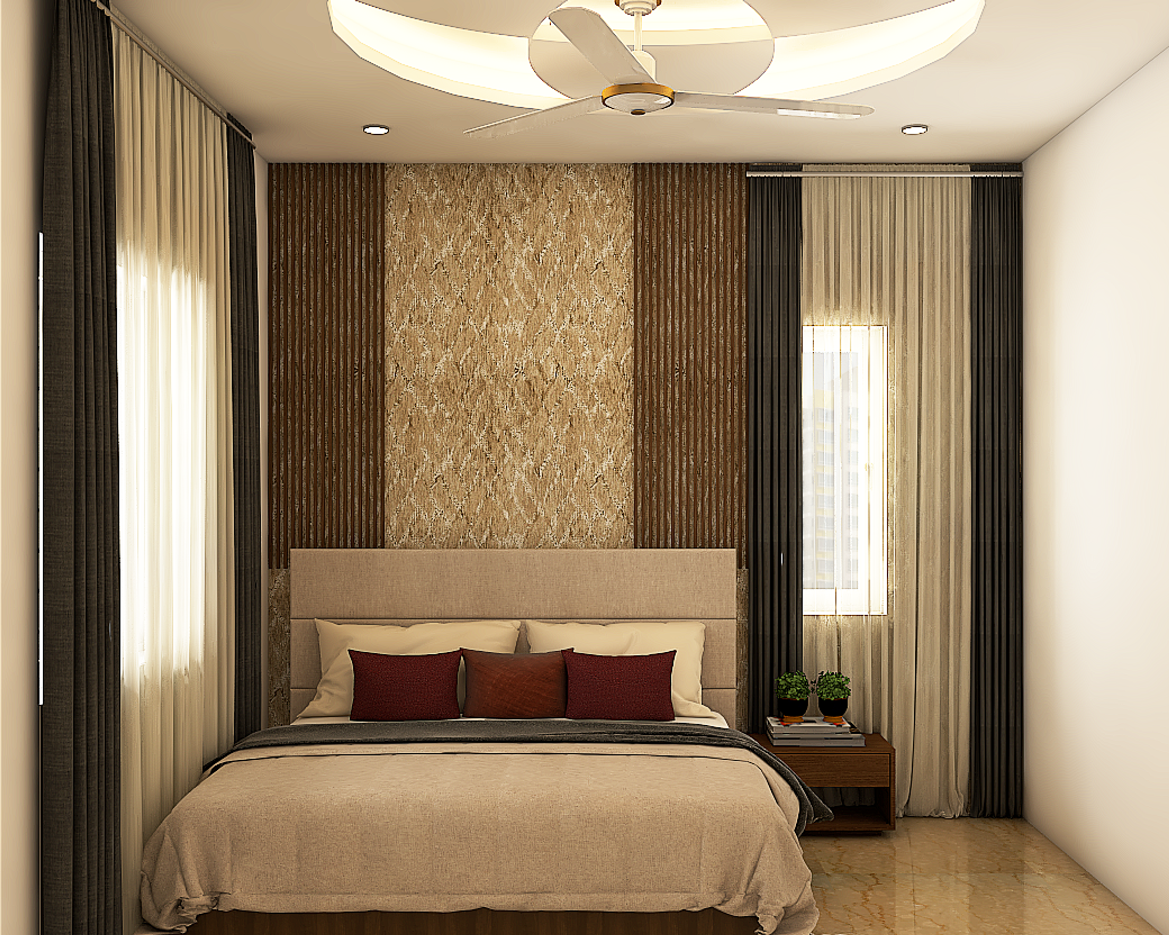 Classic Master Bedroom Design With Gold Patterned Accent Wall