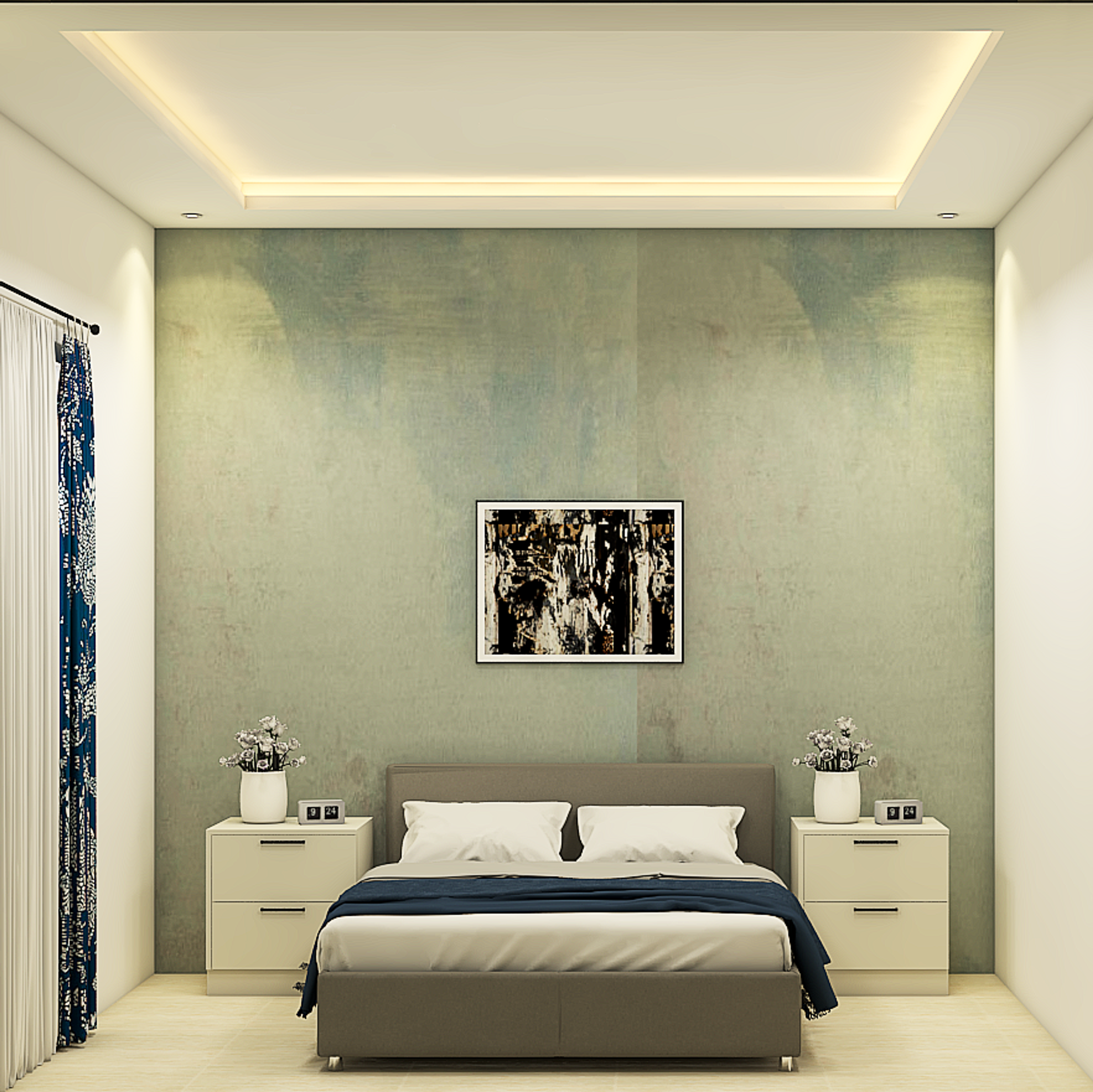 Compact Sized Contemporary Style Master Bedroom With Green Textured Wall