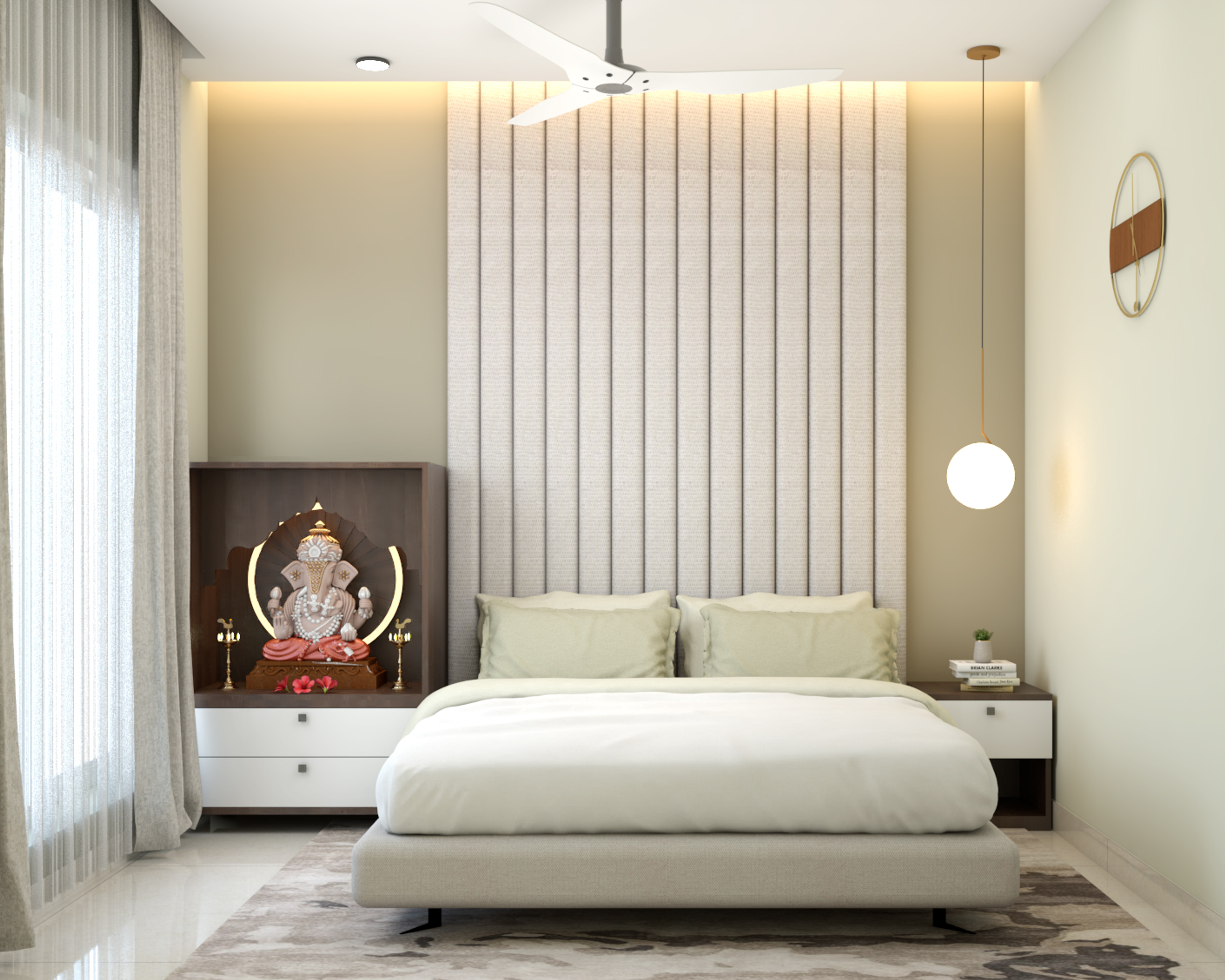 Modern Off-White Master Bedroom Design With Pooja Unit