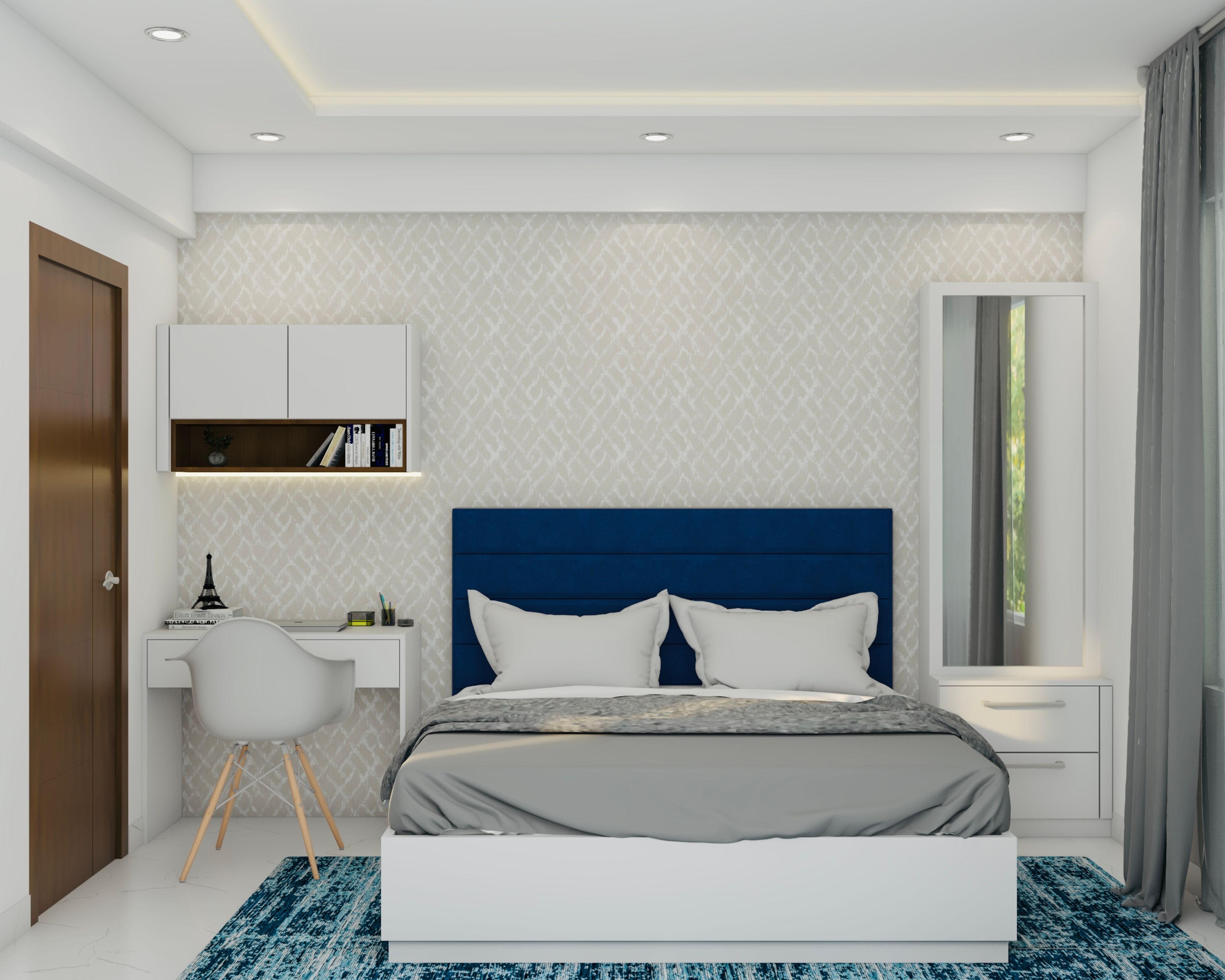 Compact Master Bedroom Design With Blue Headboard