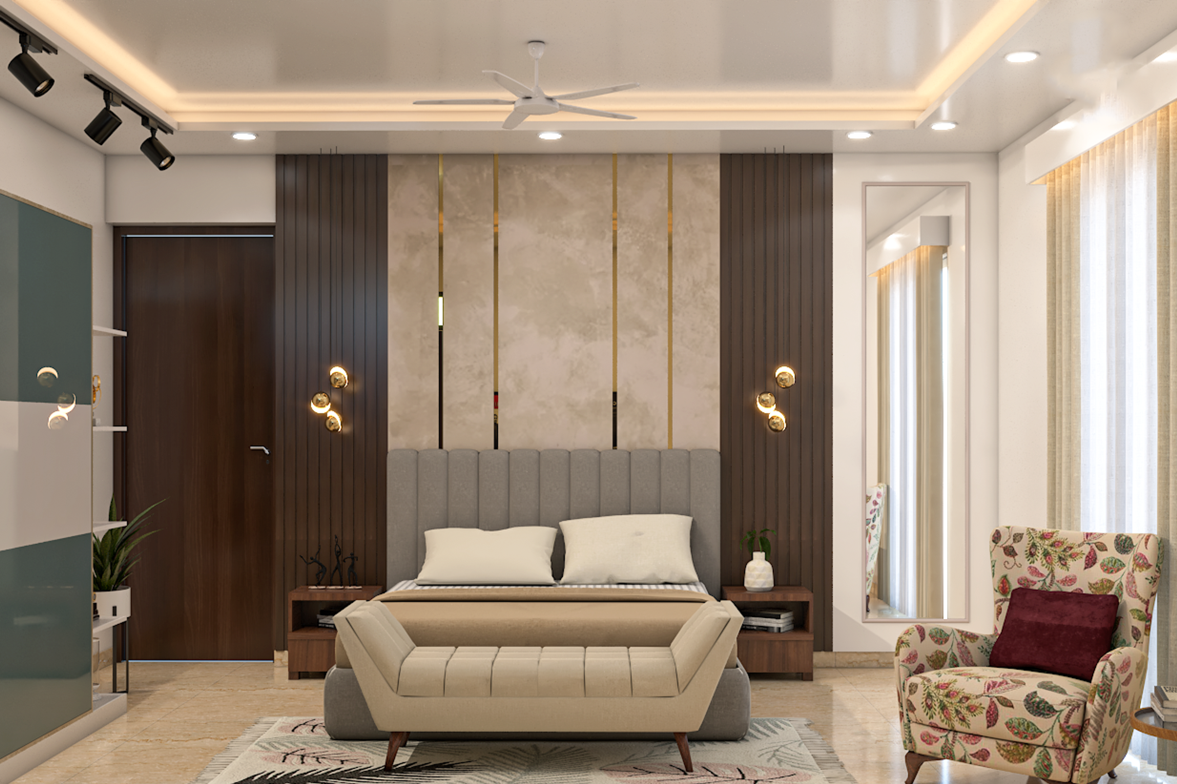 Modern Bedroom Design With Marble Backsplash Accent Wall