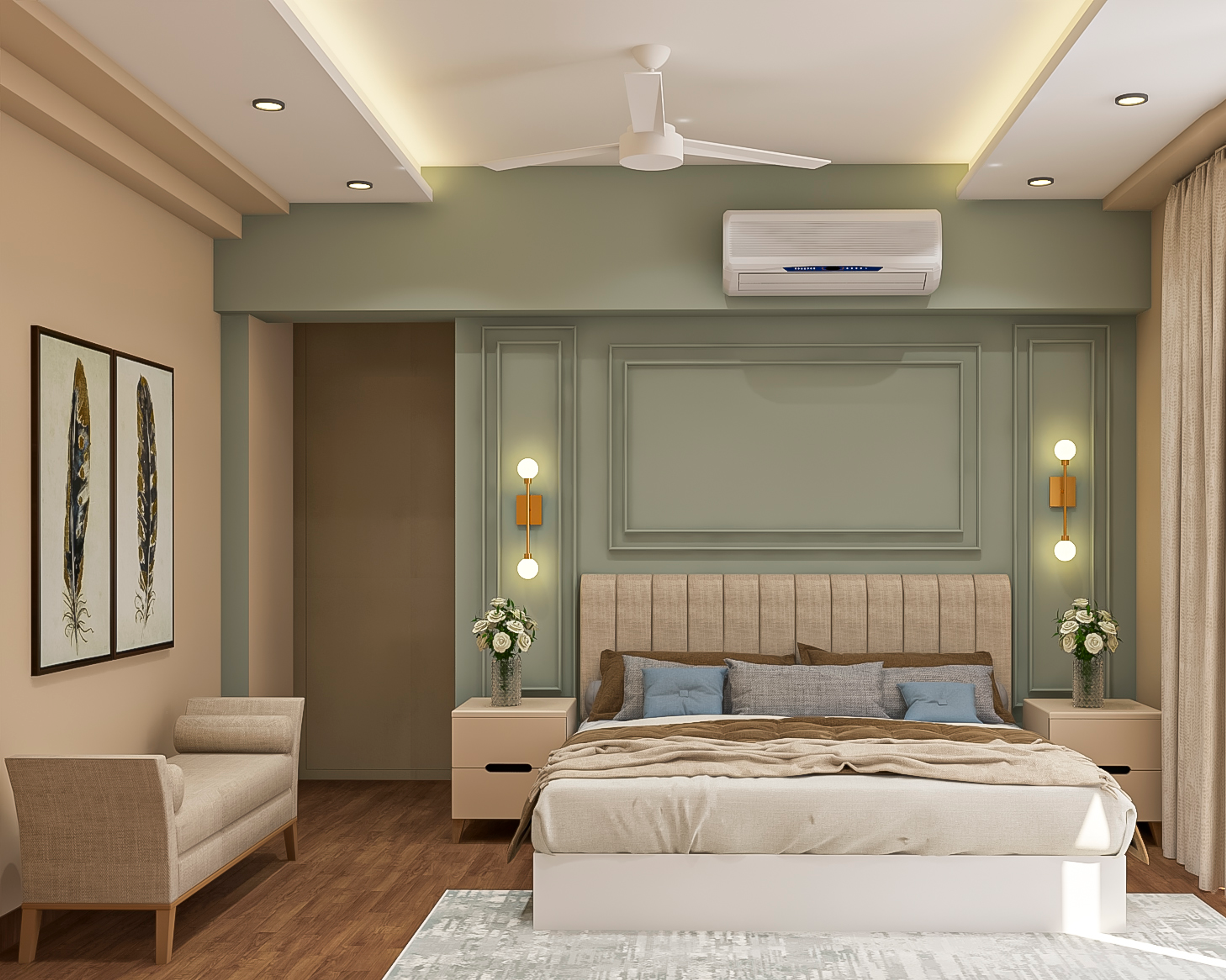 Compact Bedroom With Trims On Accent Wall