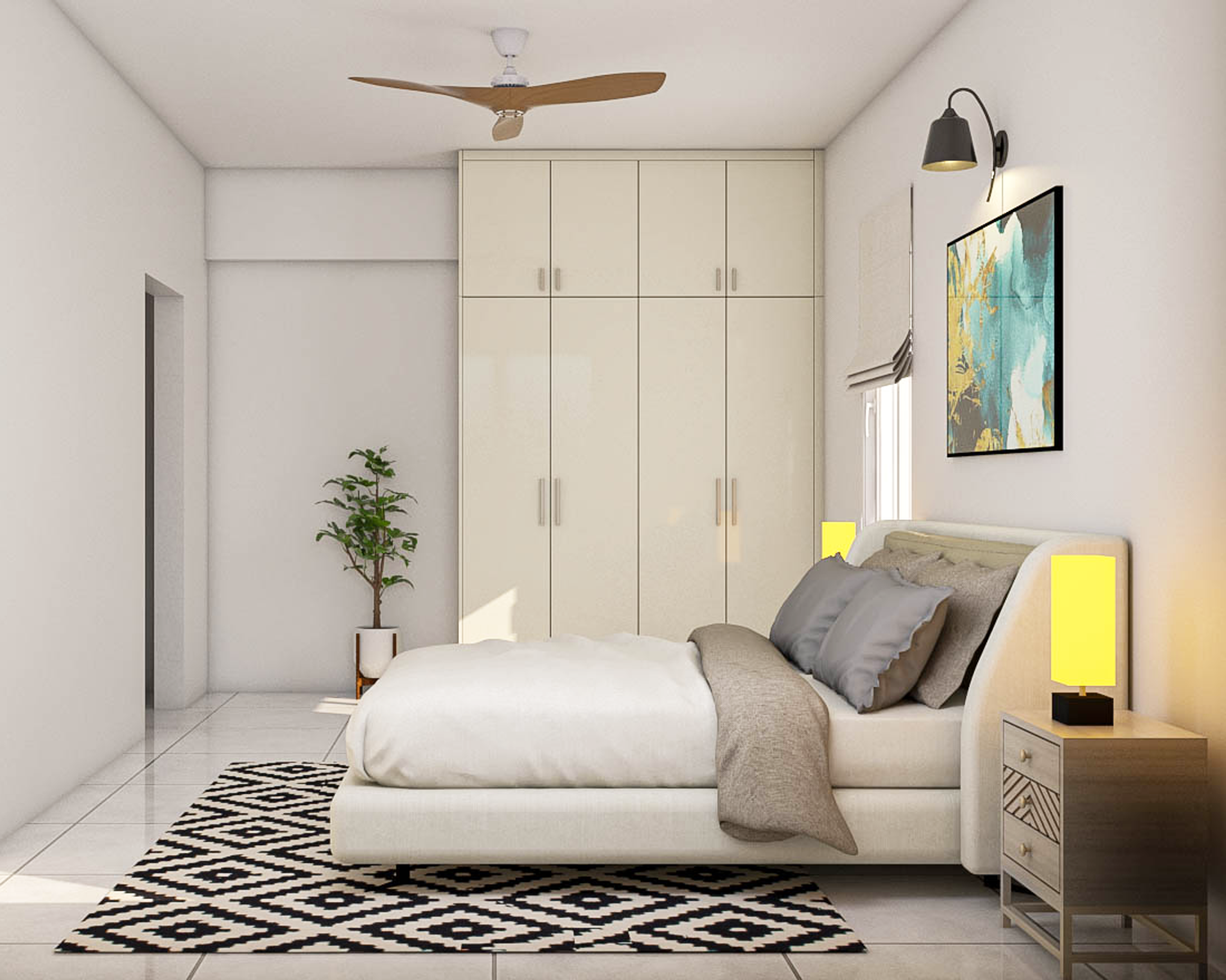 Neutral-Toned Bedroom With Yellow Lamp Shades