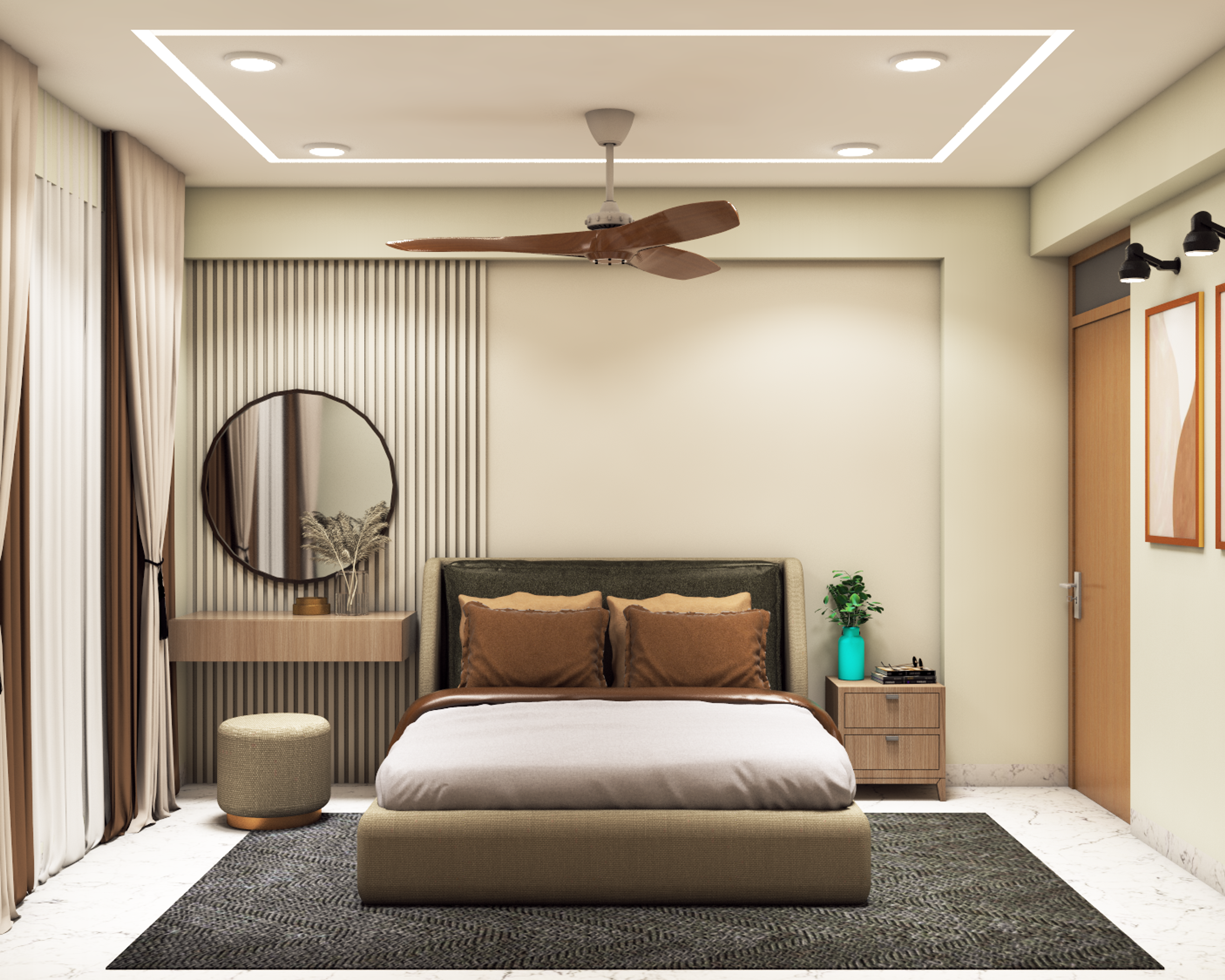 Contemporary Bedroom With LED Lights And Circular Mirror